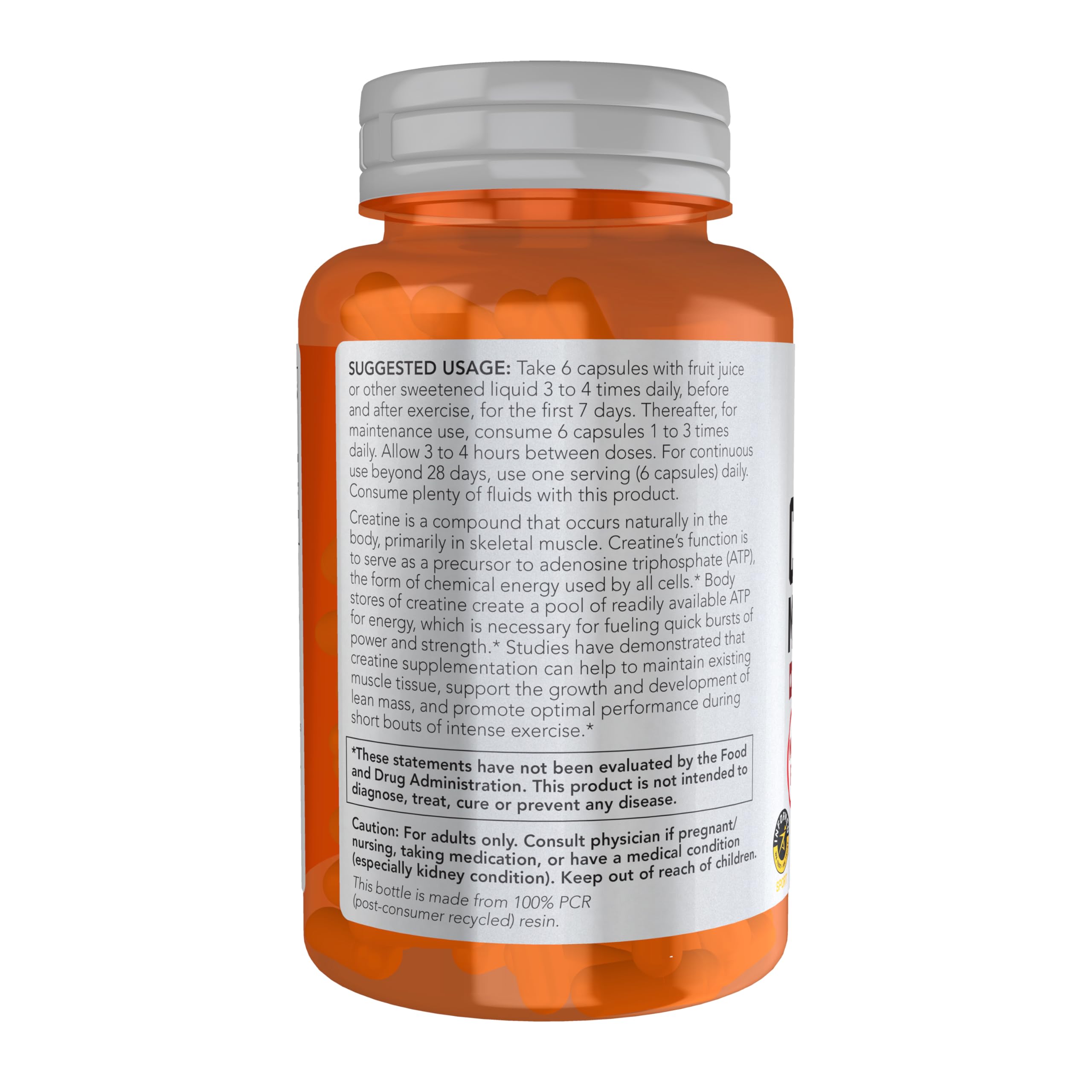 NOW Foods Creatine Monohydrate, étiquette claire indiquant pureté et absence d’additifs