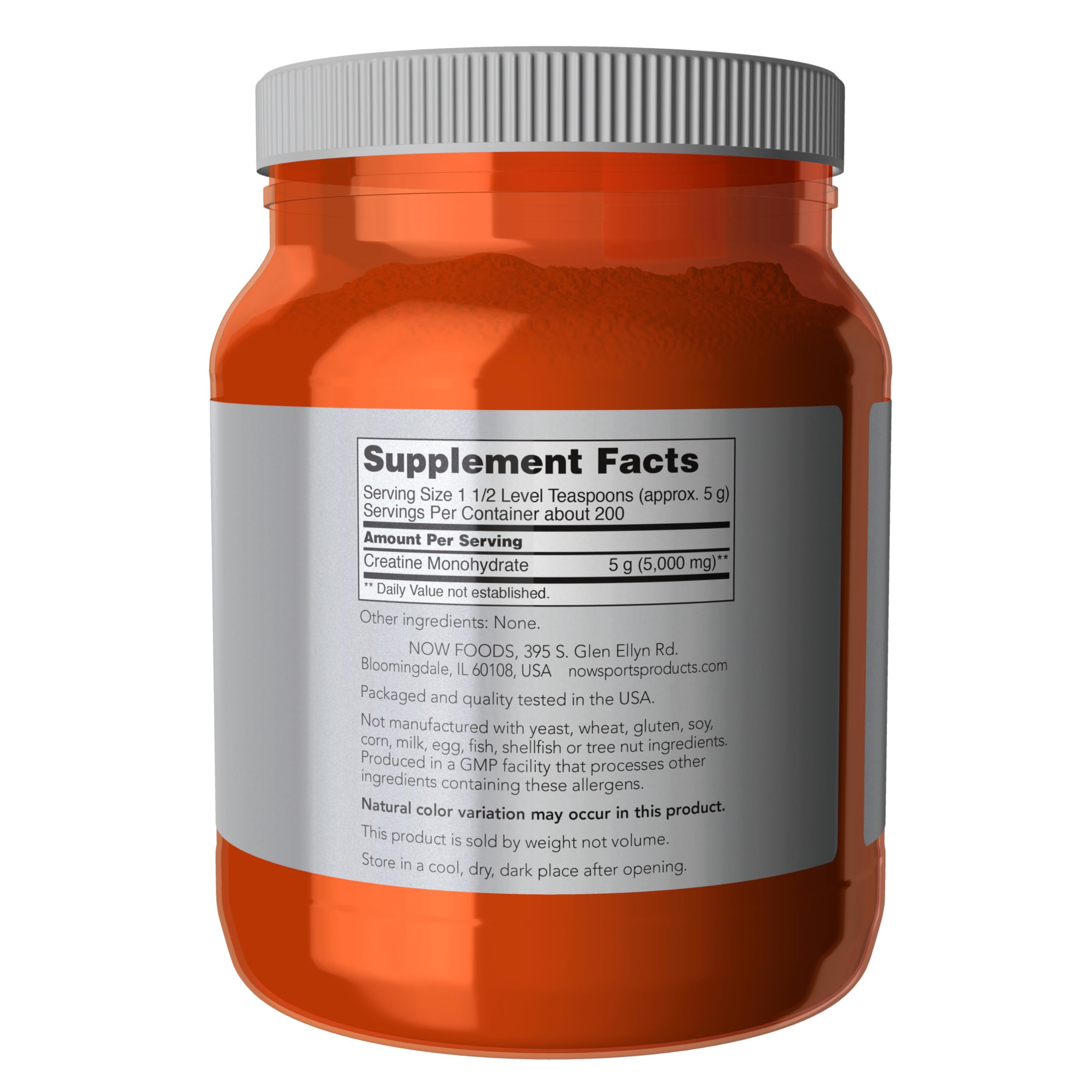 NOW Foods Créatine Monohydrate, cuillère-dose facilitant la préparation avant l'effort.