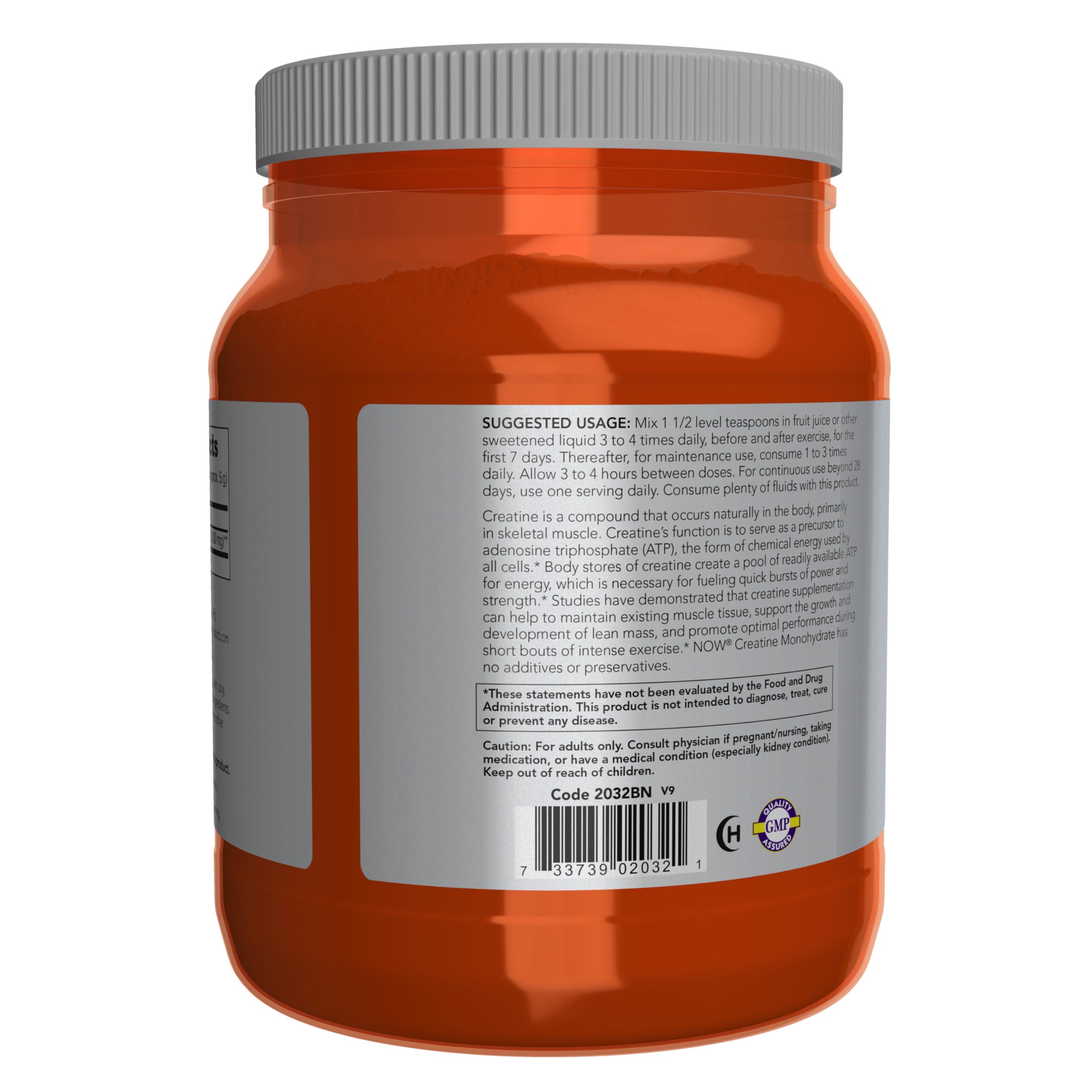 NOW Foods Créatine Monohydrate, mélange en bouteille révélant une texture prête à l'emploi.