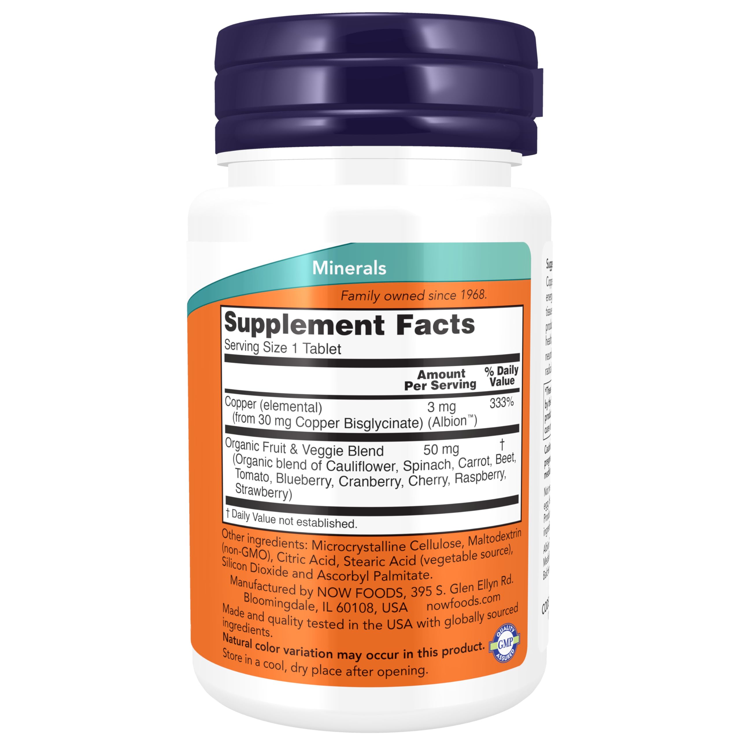 NOW Foods Cuivre Glycinate – étiquette visible sur l'emballage, informations claires