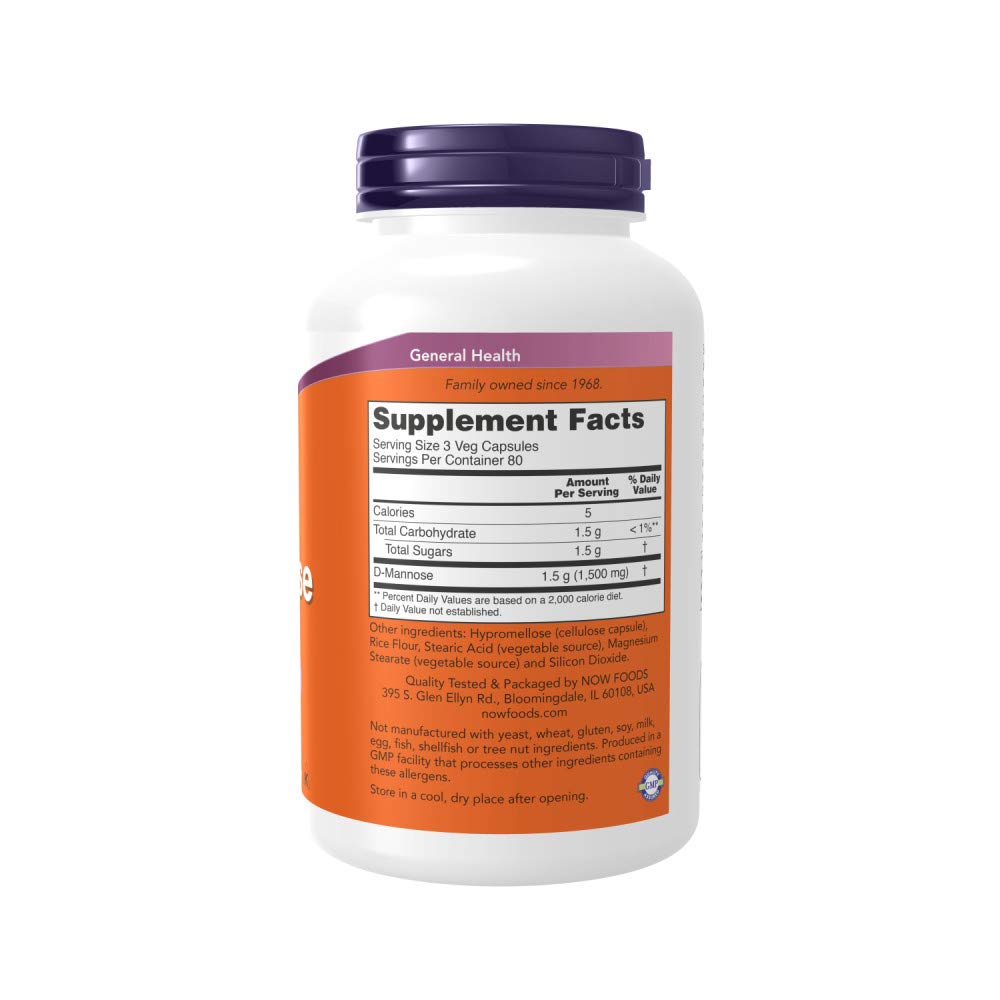 NOW Foods D-mannose 500 mg, capsules végétales, utilisation quotidienne possible
