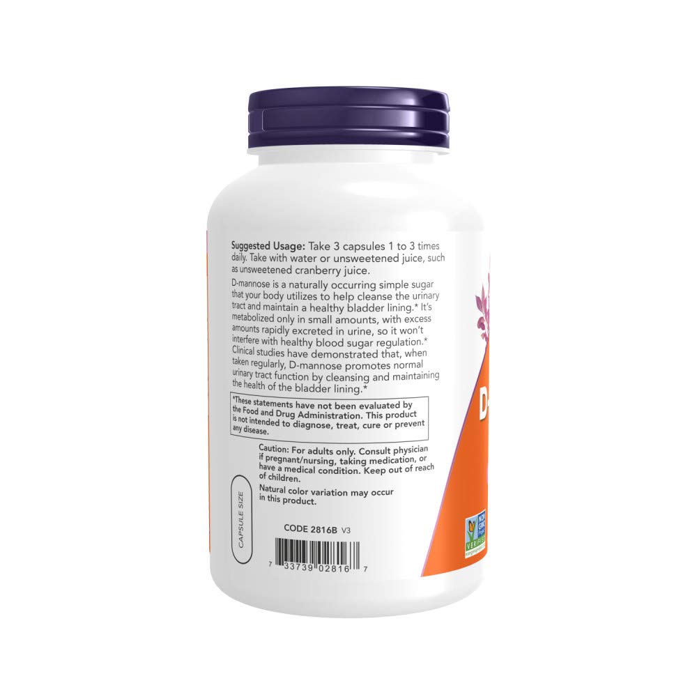 NOW Foods D-mannose 500 mg, fiche produit avec informations et certifications