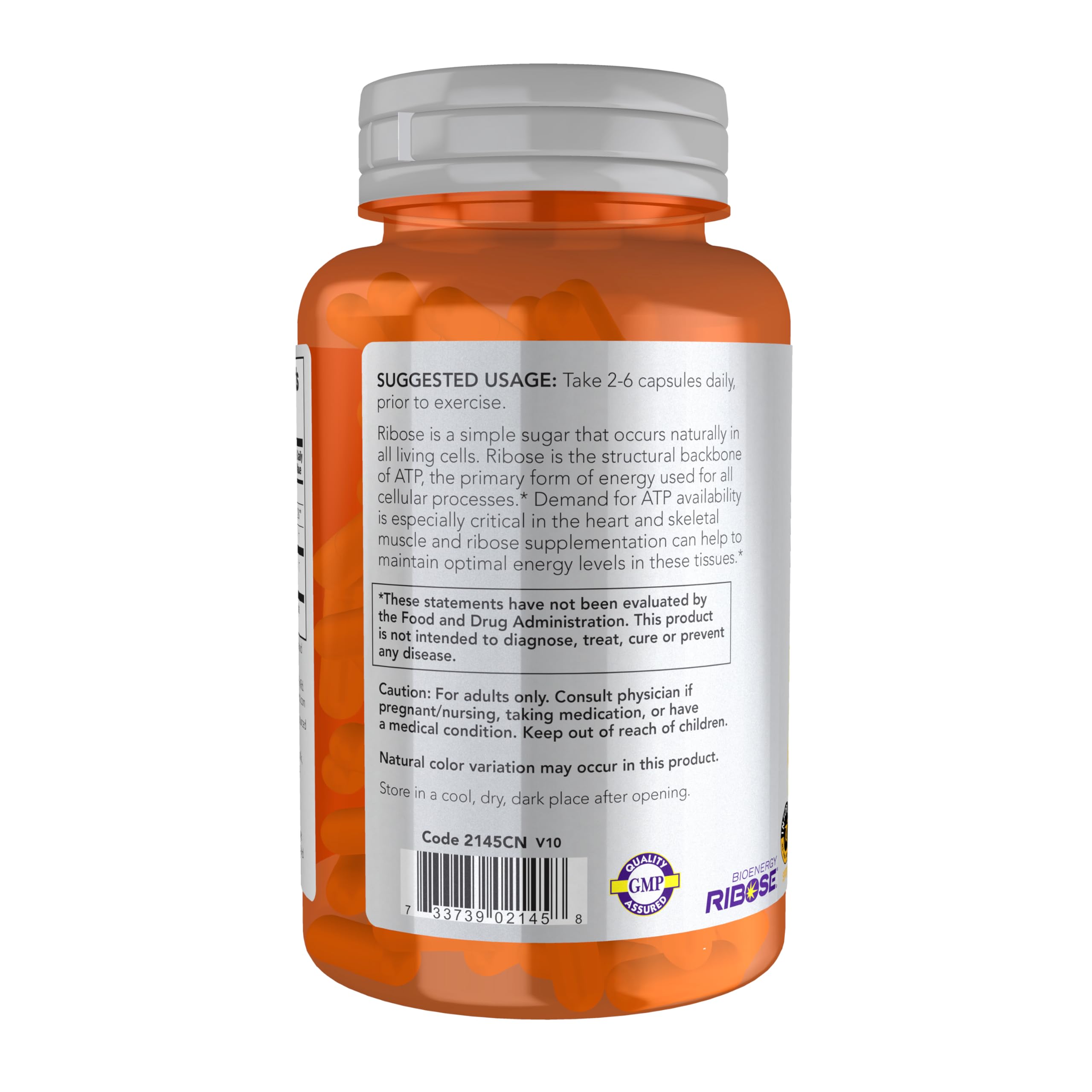 Étiquette NOW Foods D-Ribose 750 mg montrant les informations produit