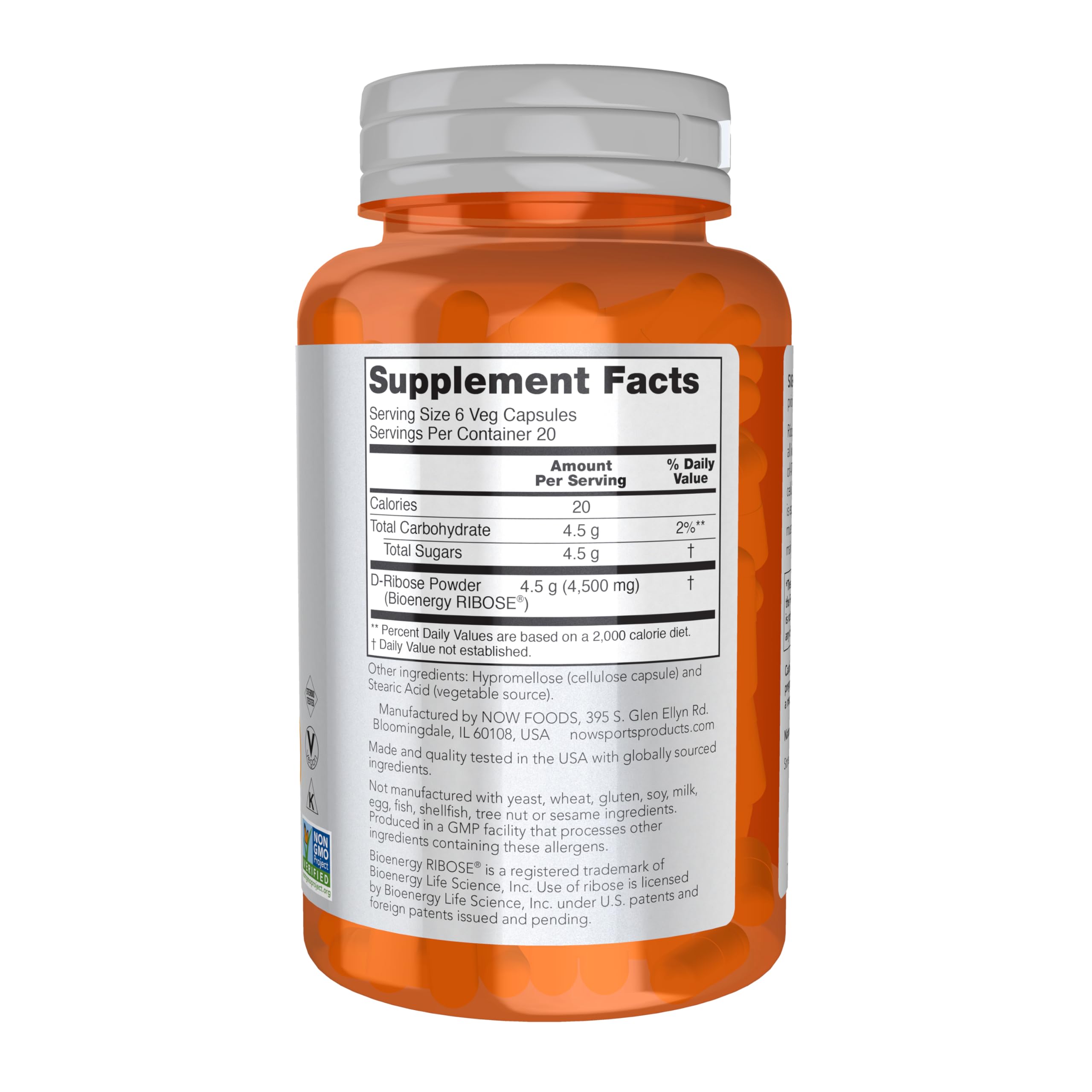 NOW Foods D-Ribose 750 mg – gelules végétales faciles à avaler