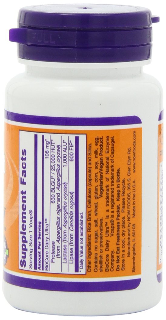 NOW Foods Dairy Digest Complete – étiquette sans gluten, adaptée pour les régimes sans gluten.