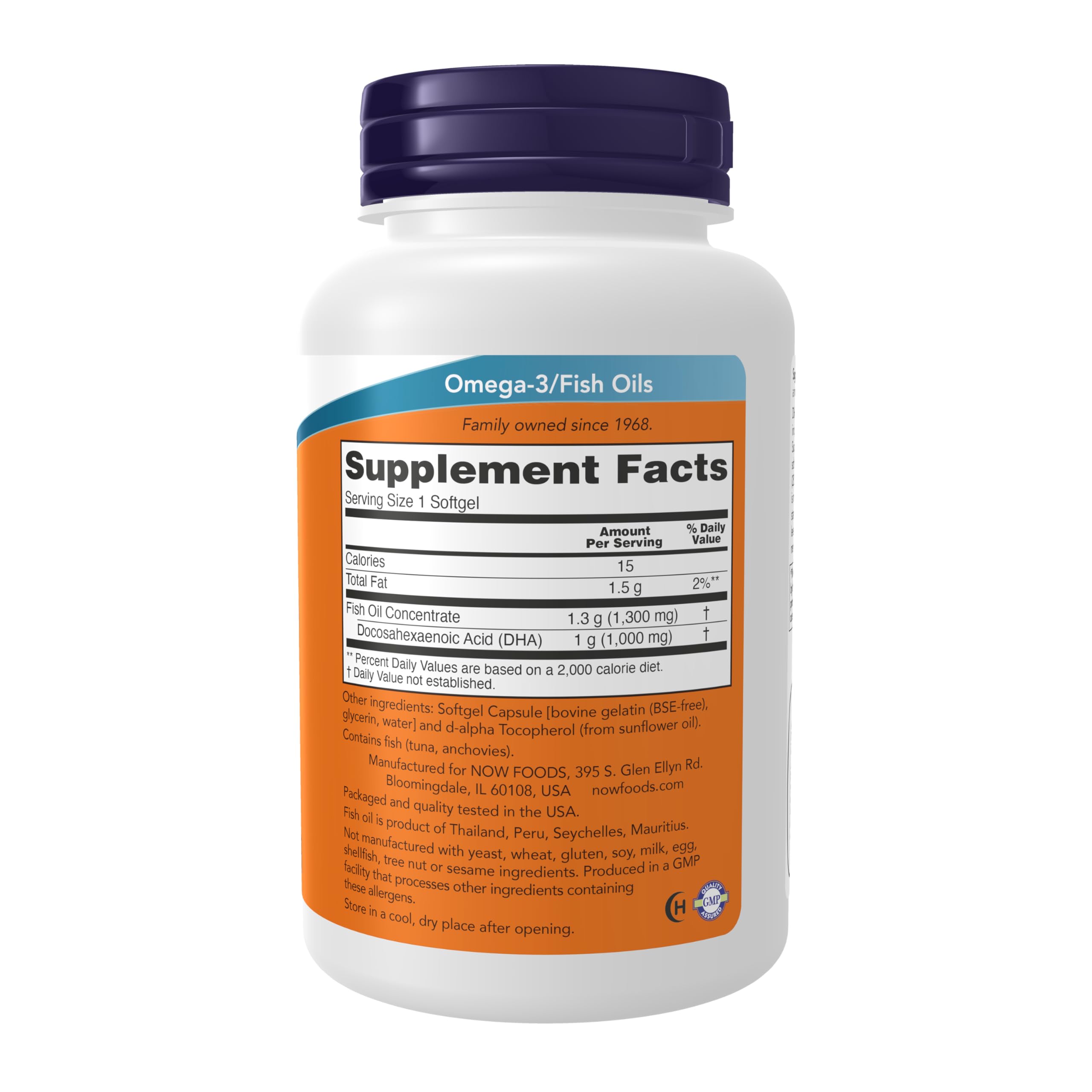 NOW Foods DHA 1000: étiquette affichant les certifications et les informations d'utilisation.