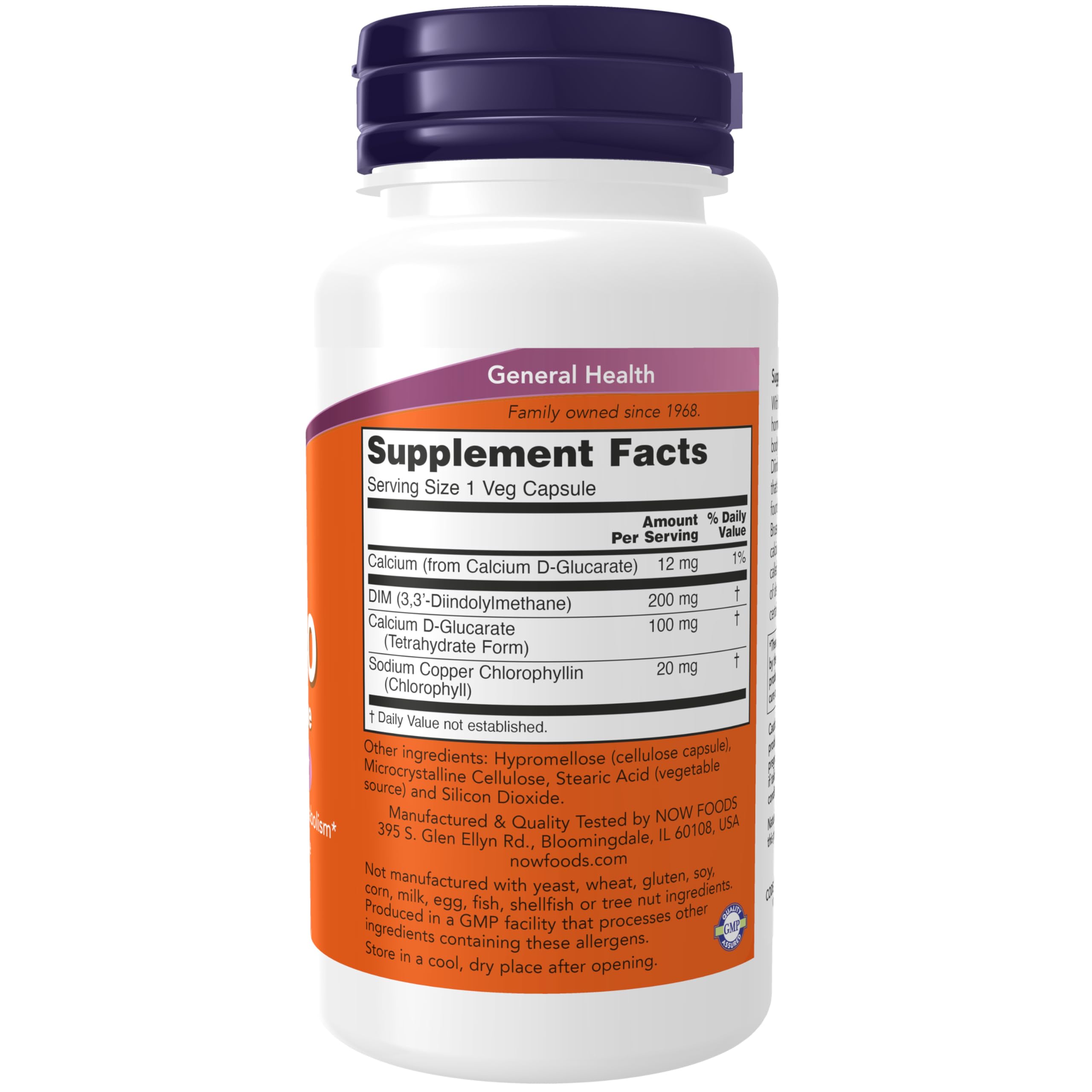 NOW Foods DIM 200, étiquette claire affichant le dosage et le contrôle qualité.