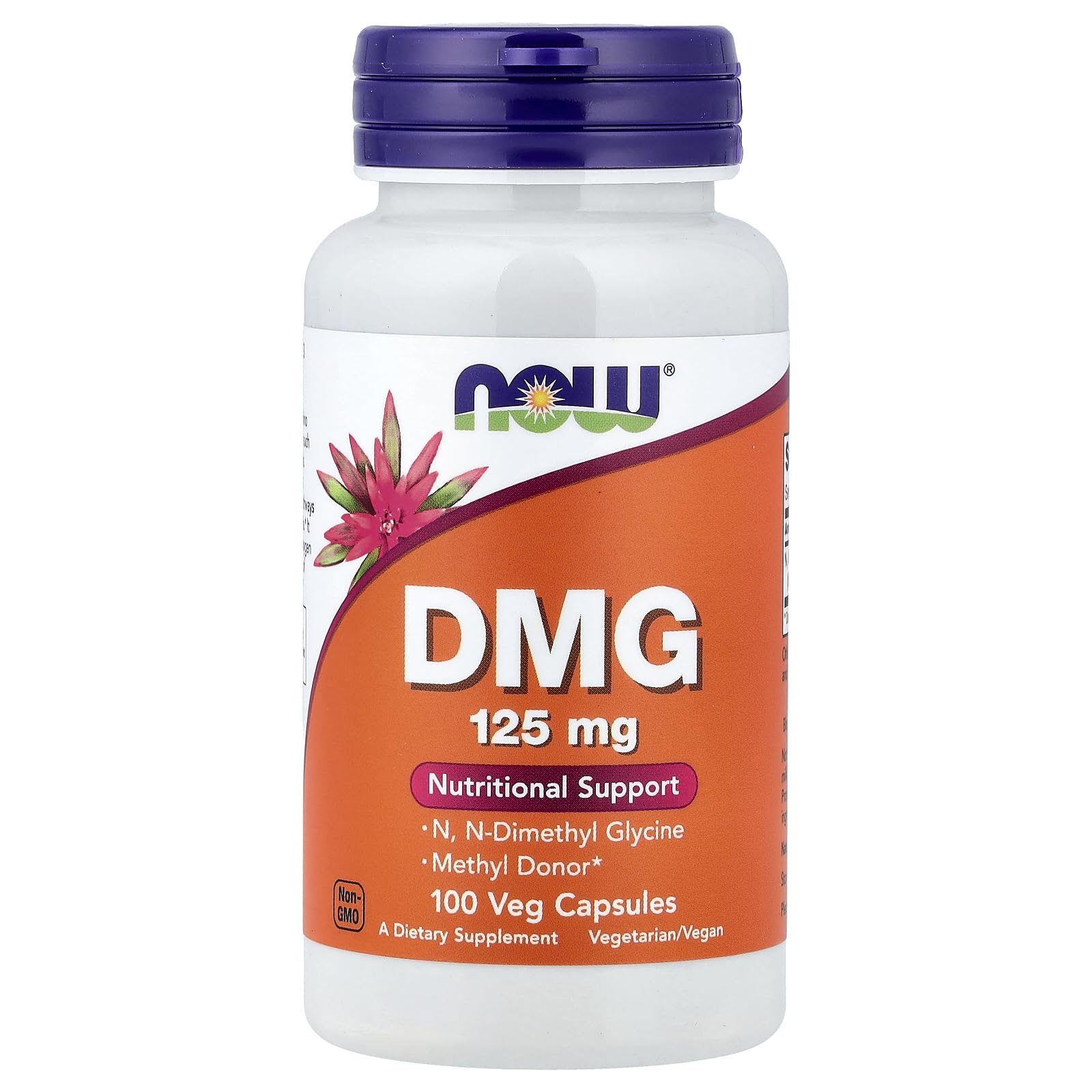 NOW Foods DMG 125 mg : bouteille de capsules faciles à avaler pour un usage quotidien