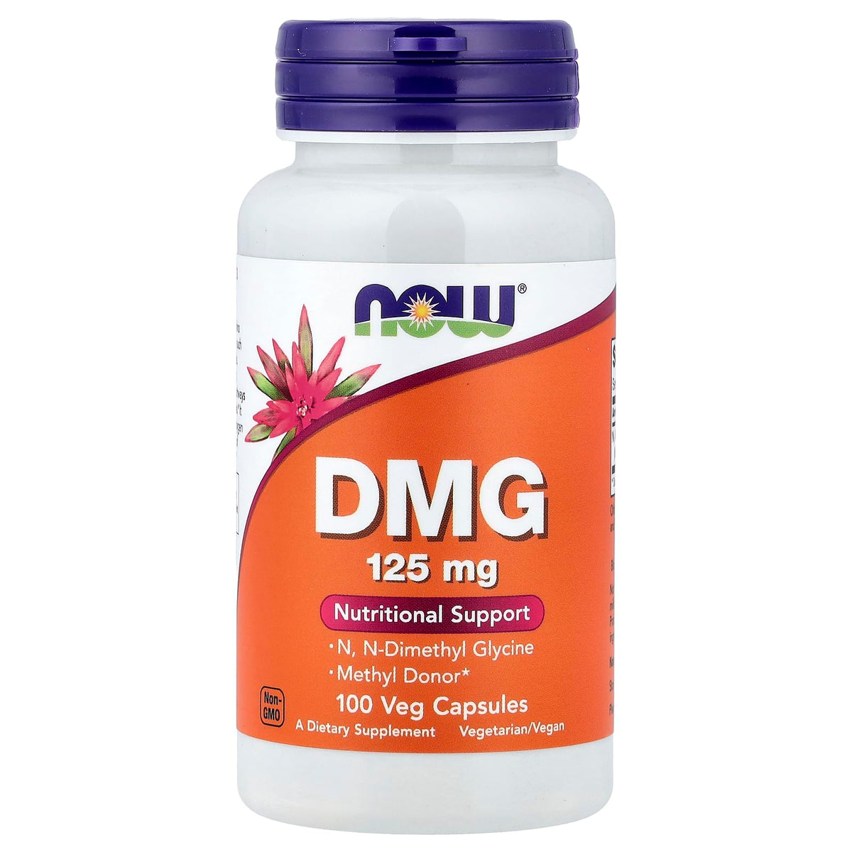 NOW Foods DMG 125 mg : bouteille de capsules faciles à avaler pour un usage quotidien
