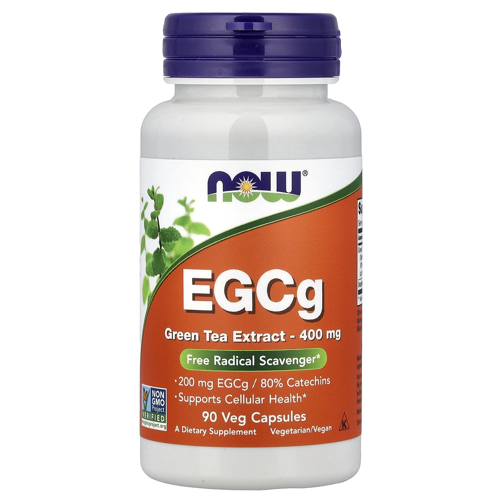 NOW Foods EGCG 400 mg – gélule sur l'étiquette montrant la concentration EGCg et les catéchines