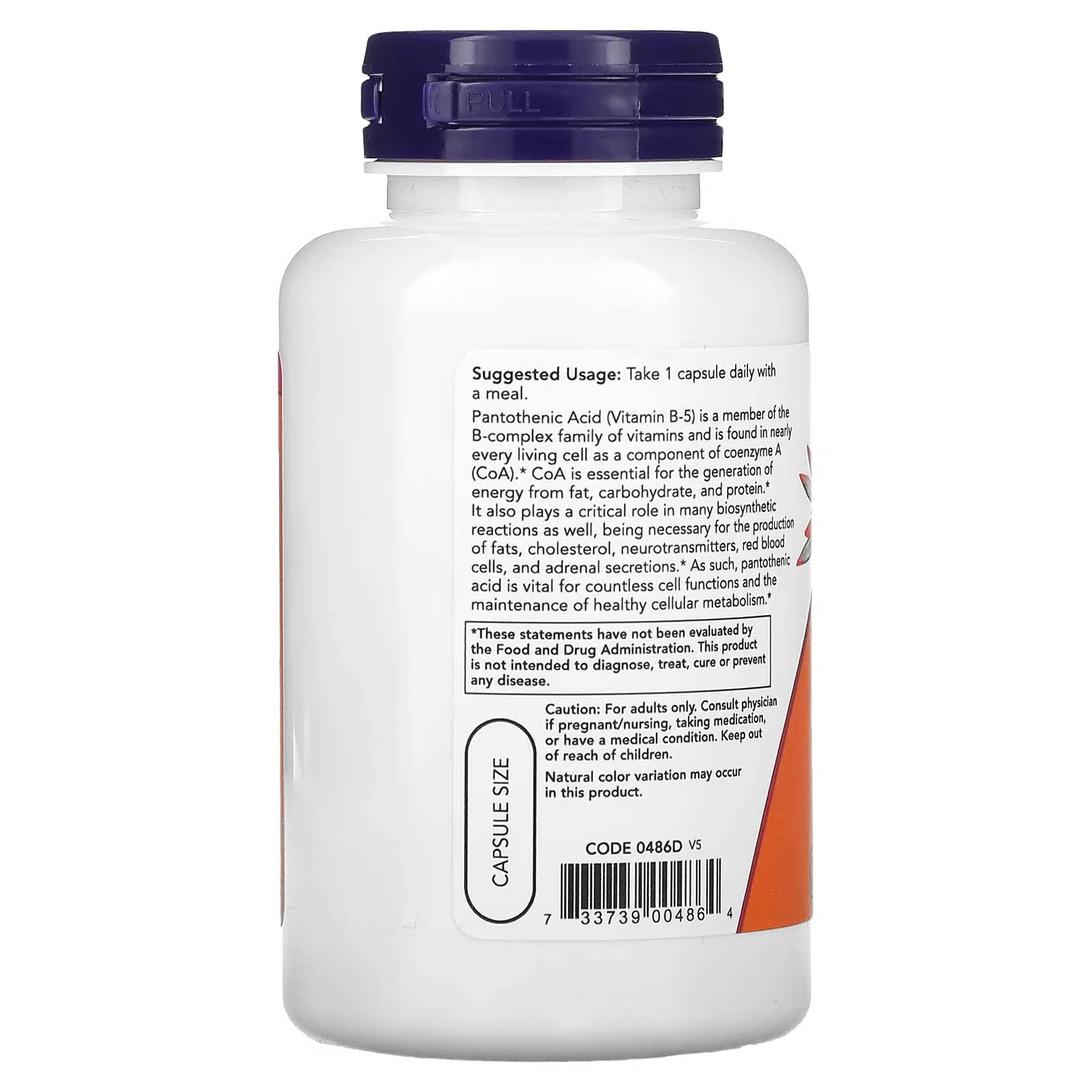 NOW Foods acide pantothénique 500 mg, étiquette lisible, complément diététique quotidien
