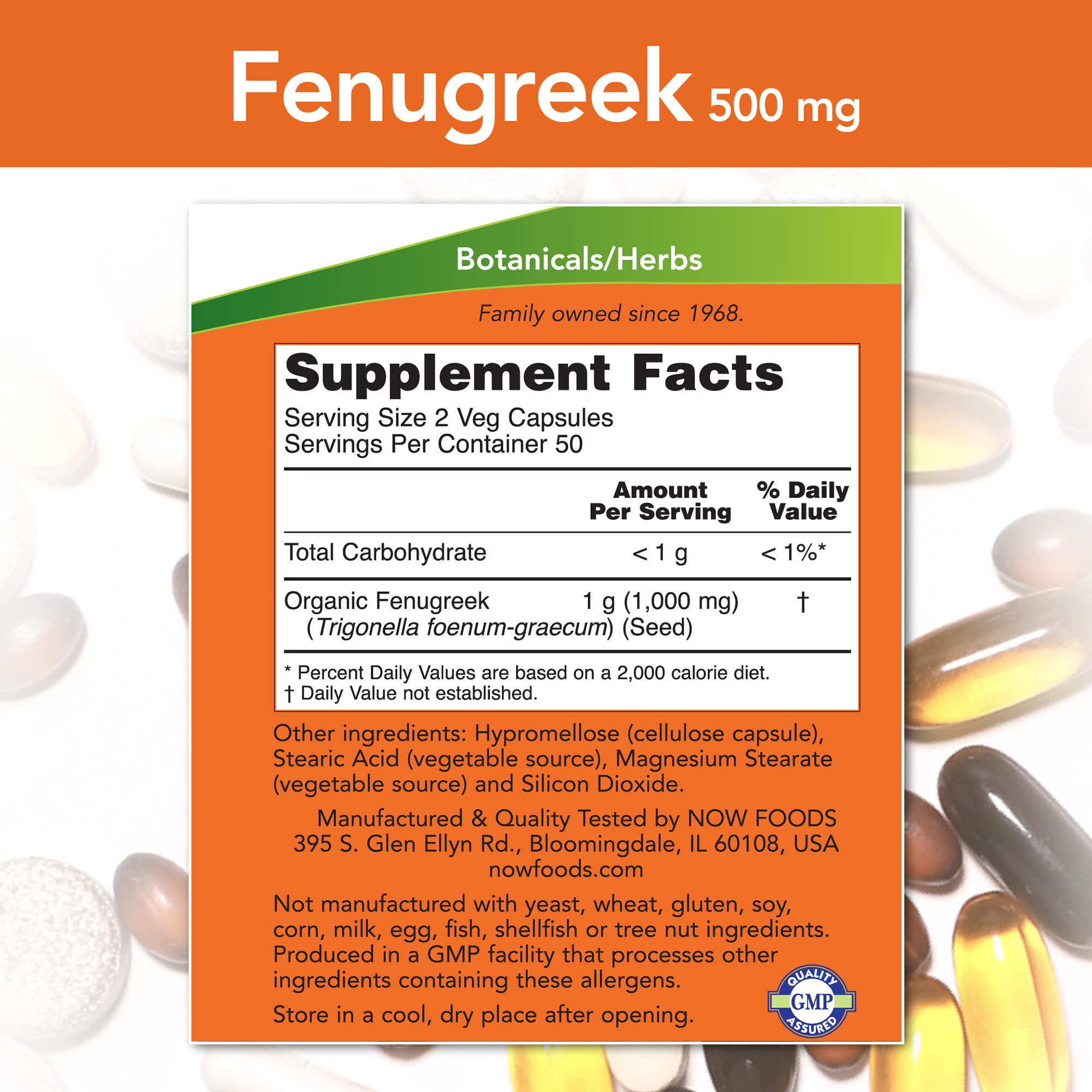 NOW Foods Fenugrec 500 mg capsules sur bouteille utilisation quotidienne facilitée
