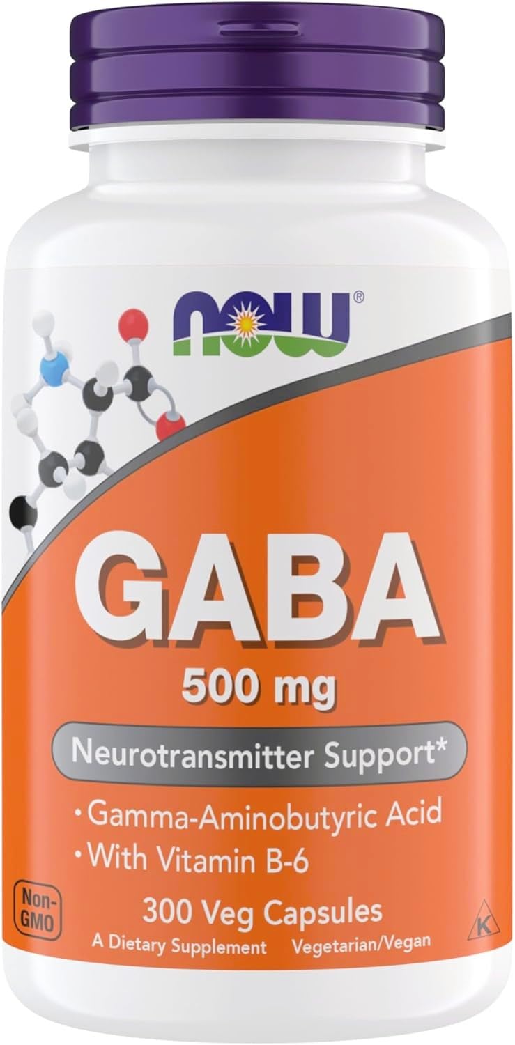 NOW Foods GABA 500 mg – capsules visibles dans la boîte, soutien potentiel à la détente.