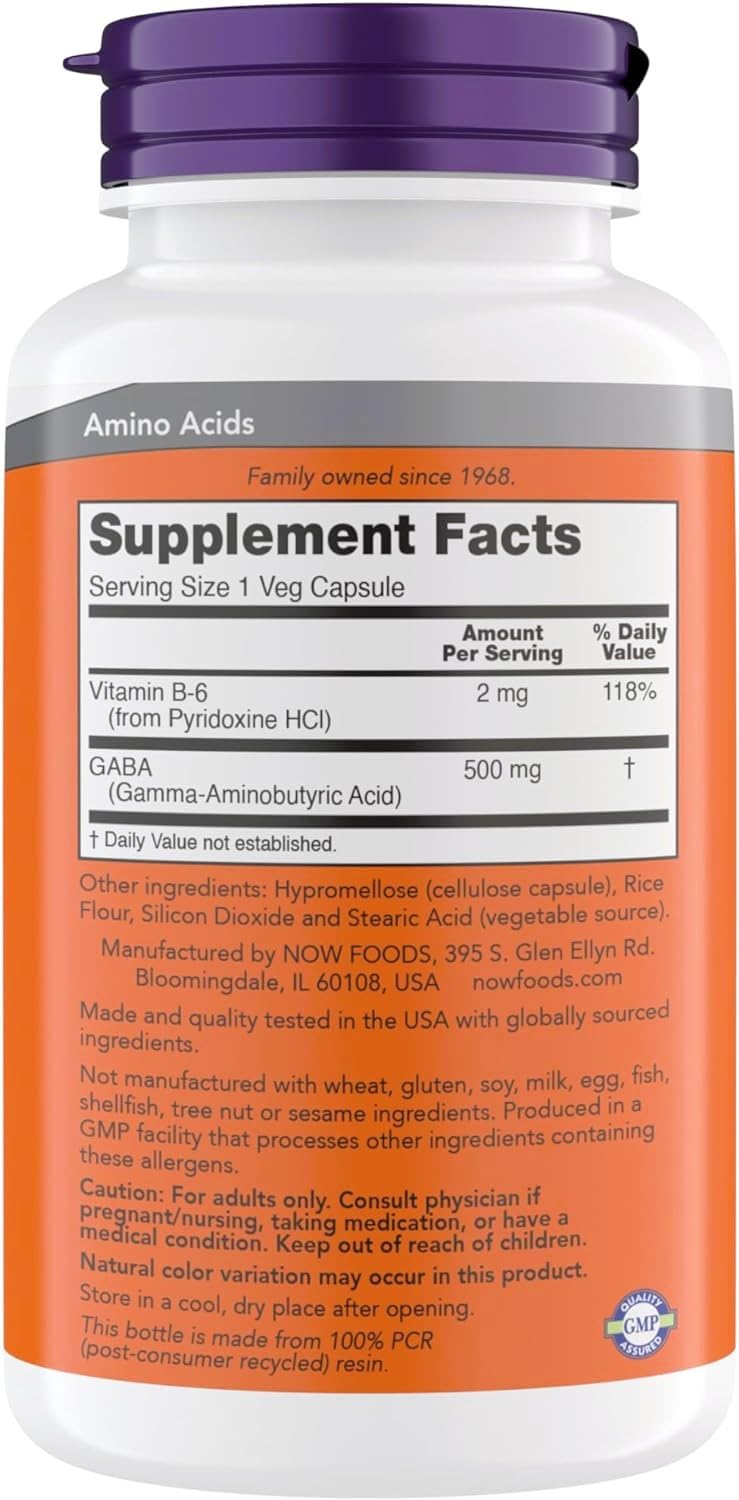 NOW Foods GABA 500 mg – étiquette nutritionnelle montrée, vegan et casher.