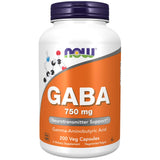 NOW Foods GABA 750 mg, bouteille de capsules, soutien potentiel à la relaxation.