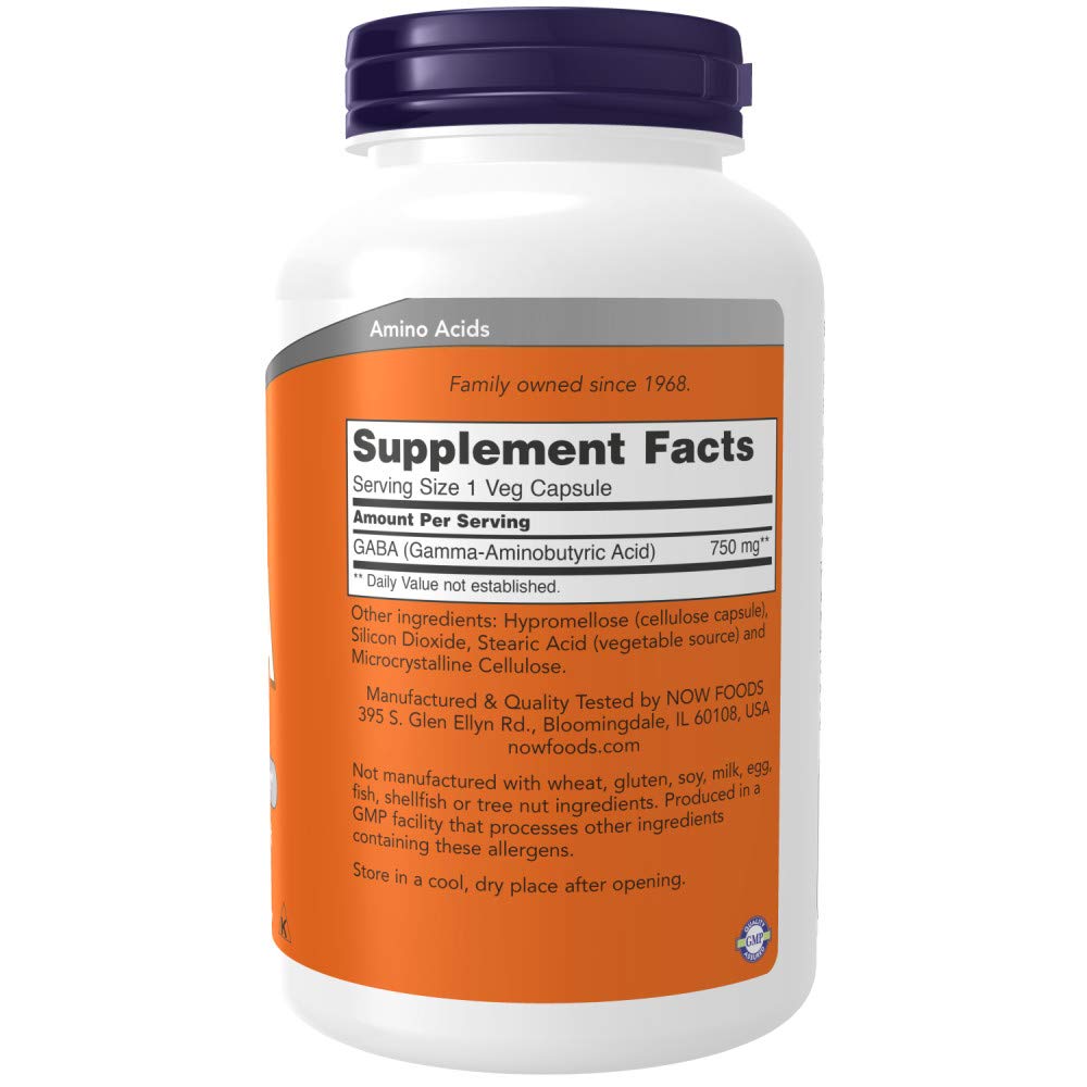 NOW Foods GABA 750 mg, étiquette, informations claires sur le produit et les certifications.