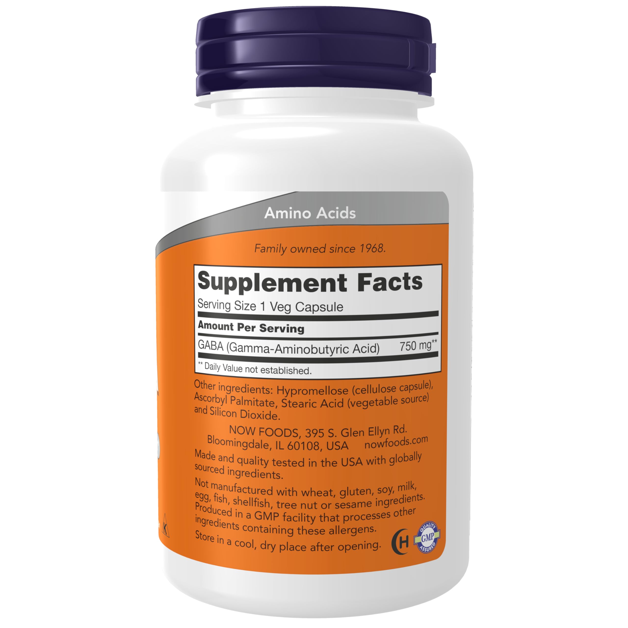NOW Foods GABA 750 mg, étiquette lisible, conseils d'utilisation clairs.