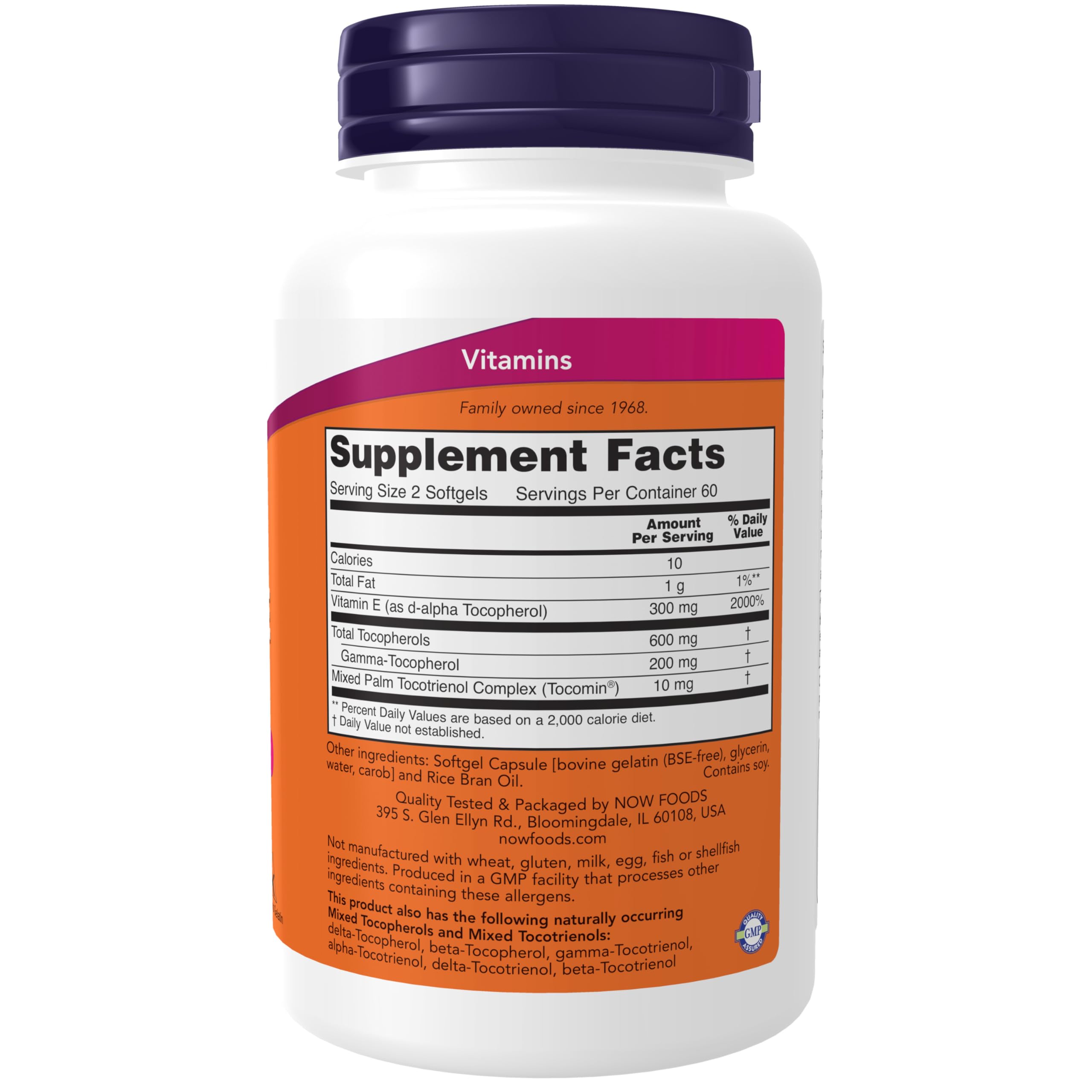 NOW Foods Gamma E Complex – etiquette du produit, preuve de qualité et sécurité