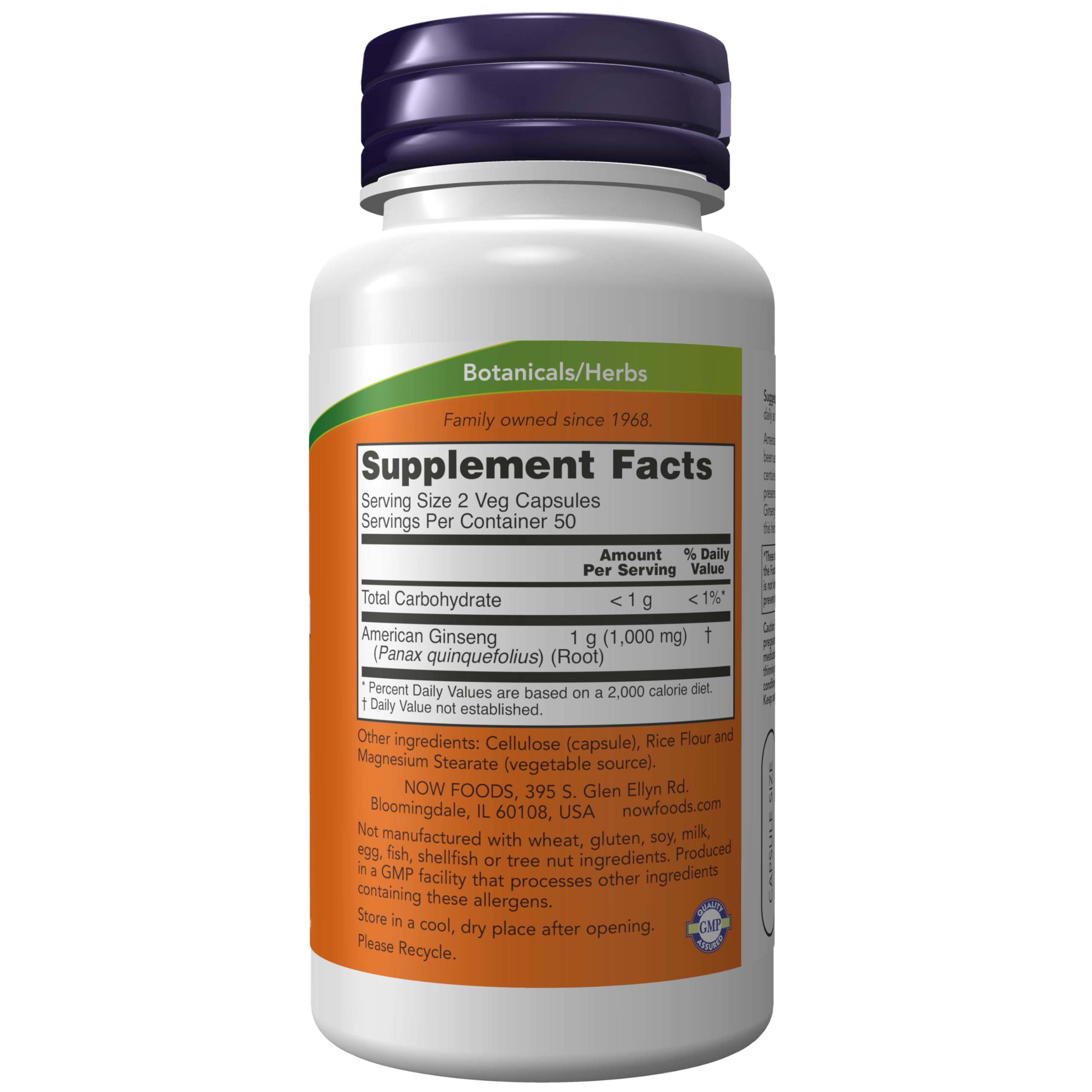 NOW Foods ginseng américain, emballage et étiquetage, origine américaine et utilisation quotidienne en complément.