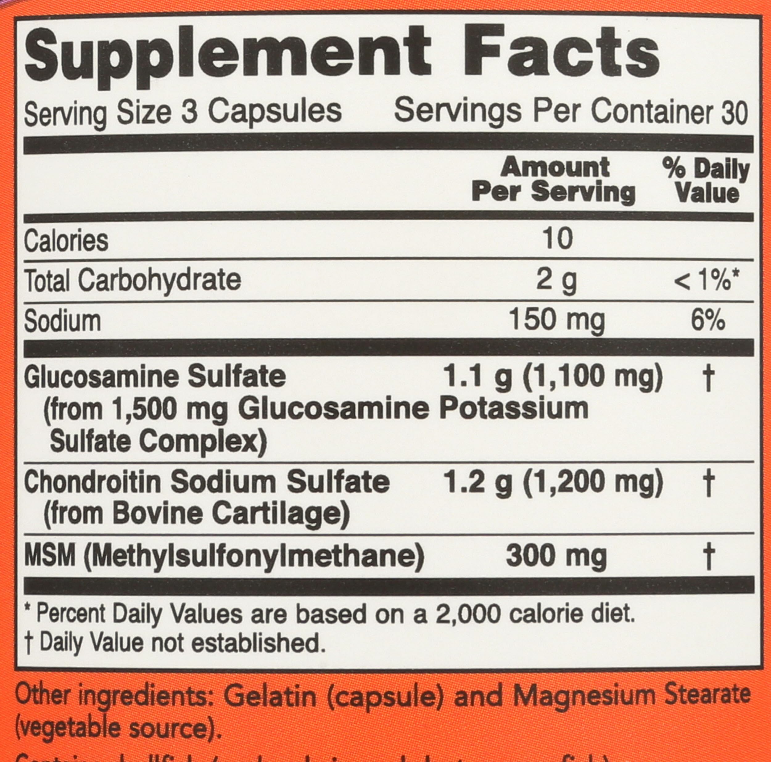NOW Foods Glucosamine-Chondroitin-MSM – etiquette claire sans gluten et informations utiles