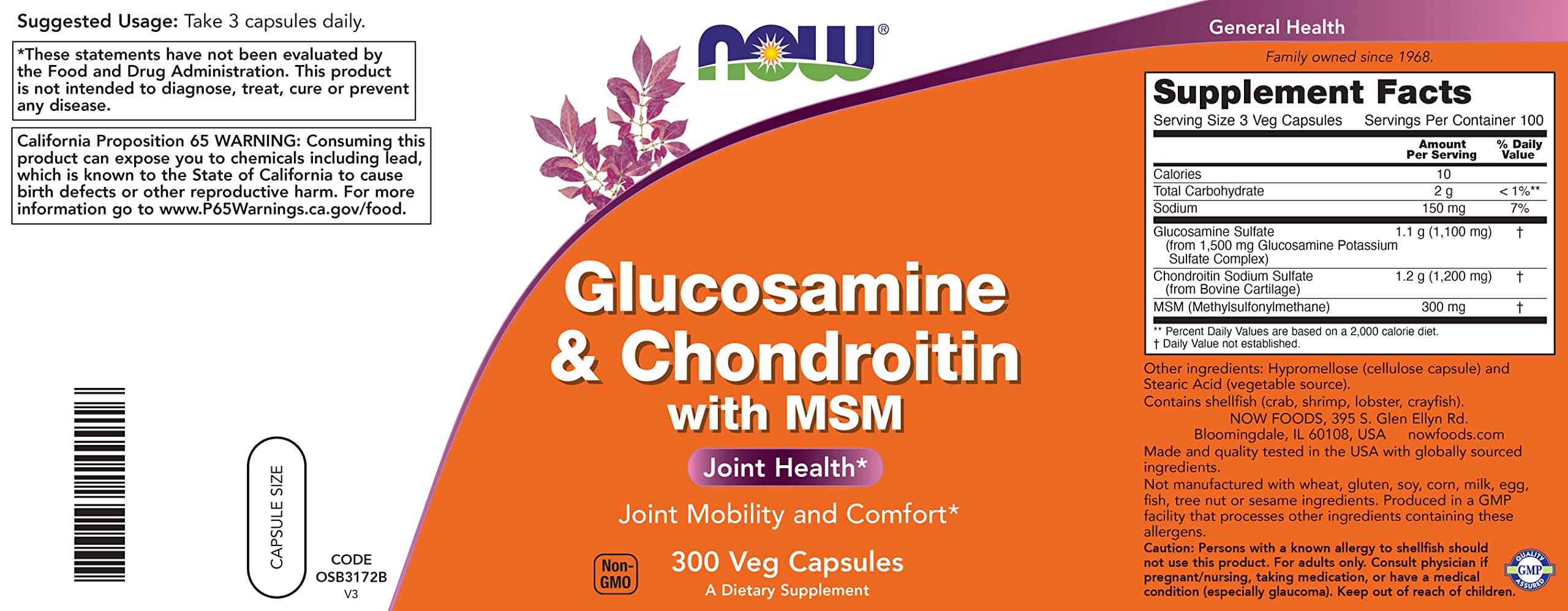 NOW Foods Glucosamine & Chondroitin avec MSM, ingrédients clés: glucosamine, chondroïtine et MSM.