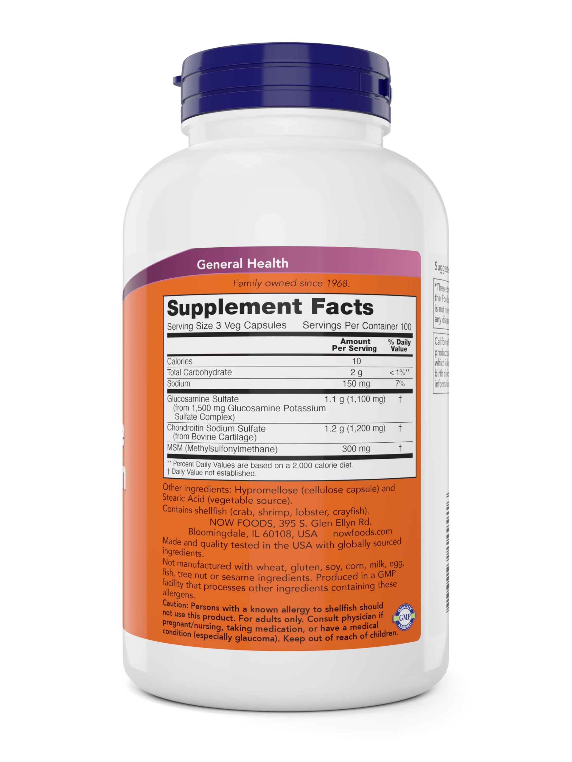 NOW Foods Glucosamine & Chondroitin avec MSM, posologie simple pour usage quotidien.