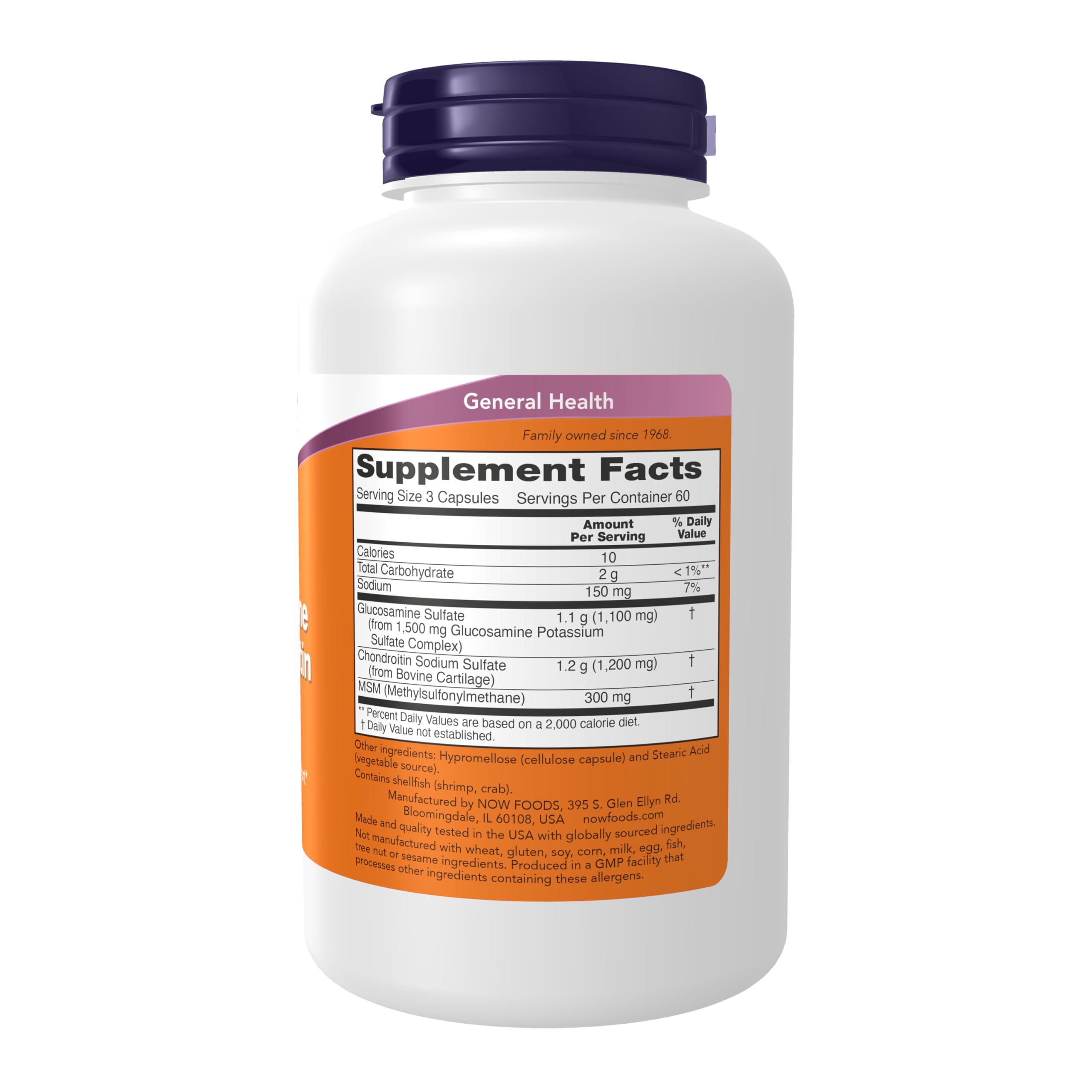 NOW Foods Glucosamine-Chondroitine-MSM : étiquette claire présentant les caractéristiques et l'utilisation recommandée.