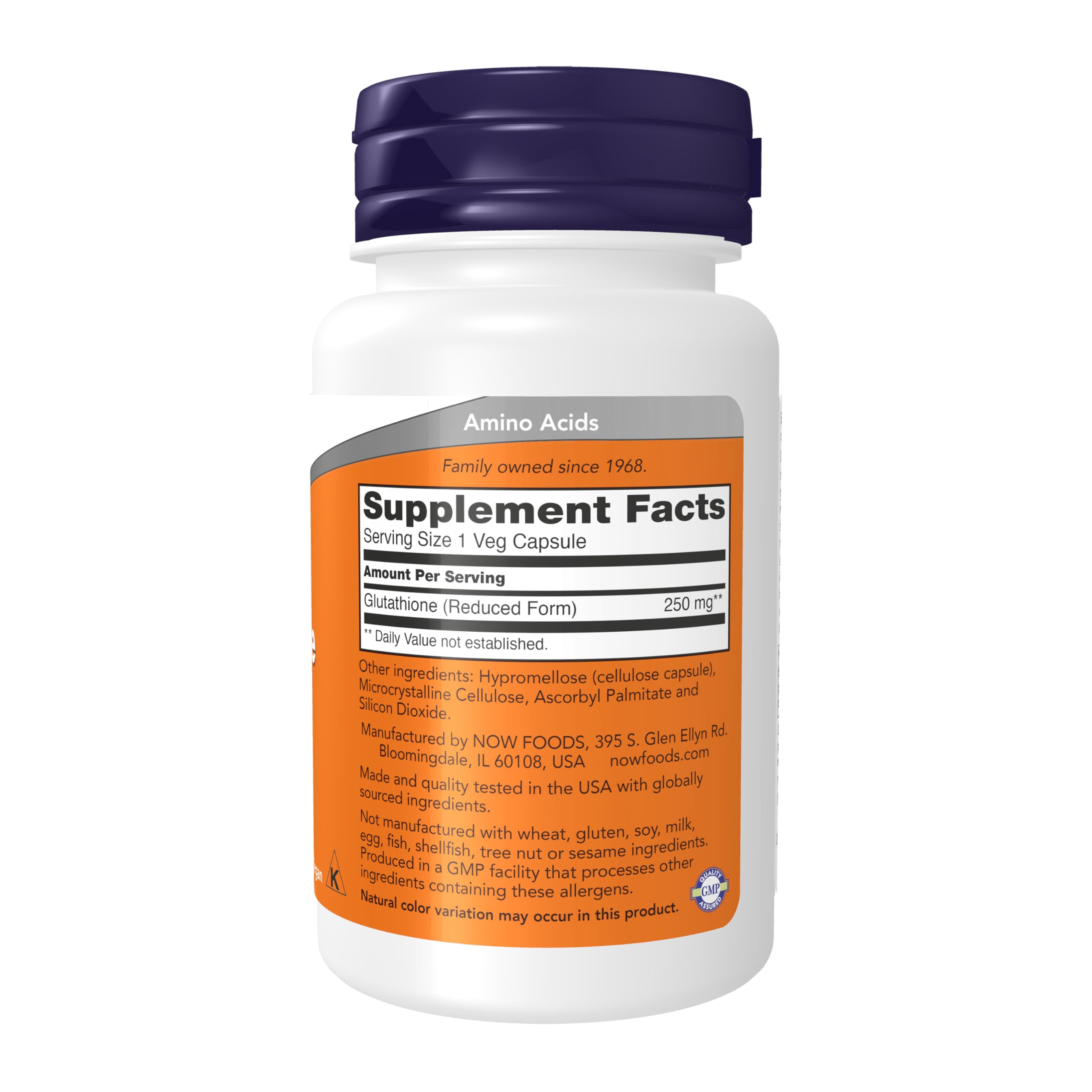 NOW Foods Glutathione 250 mg - emballage extérieur, traçabilité et certifications de qualité