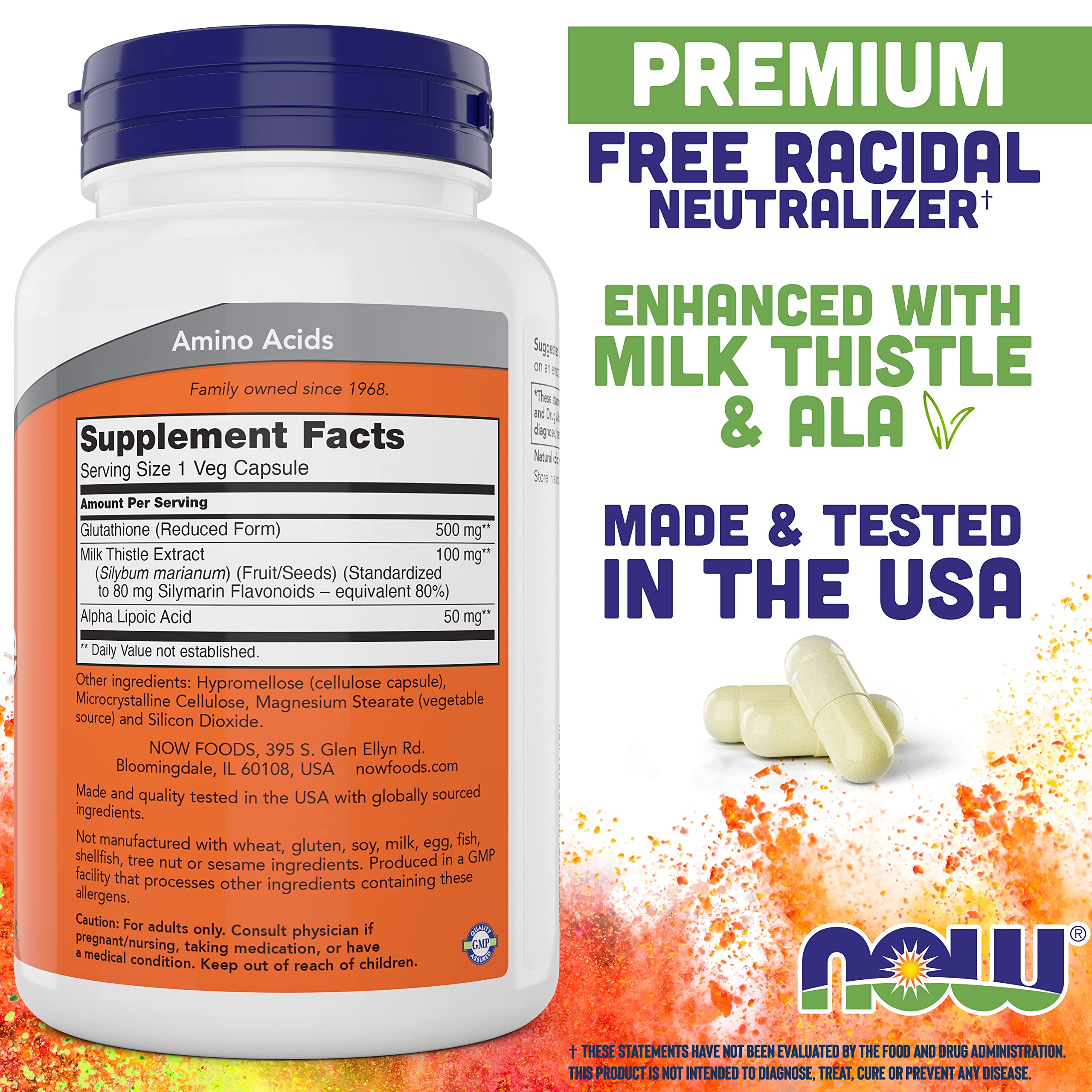 NOW Foods Glutathione 500 mg : extrait de chardon-marie pour soutien antioxydant naturel.