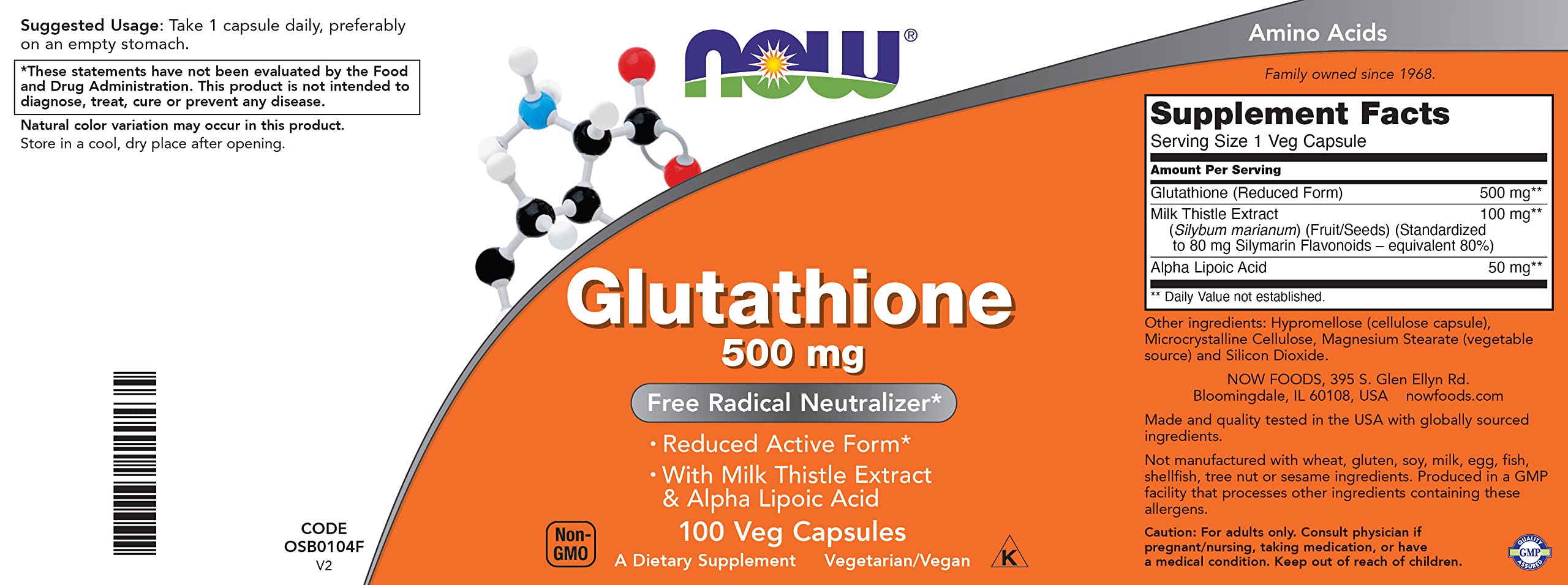 NOW Foods Glutathione 500 mg : formule sans OGM, adaptée à un mode de vie végétarien.