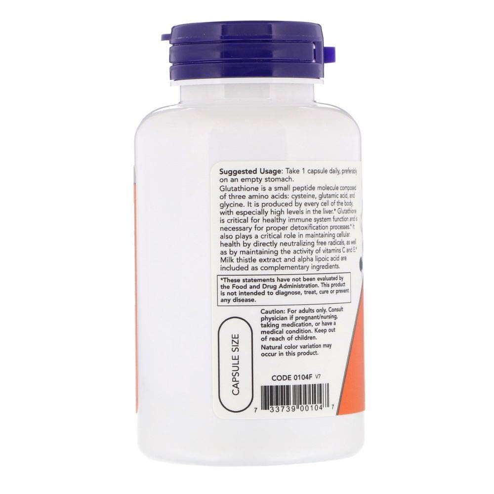 NOW Foods Glutathione étiquette nutritionnelle claire pour comprendre les valeurs et l’utilisation.