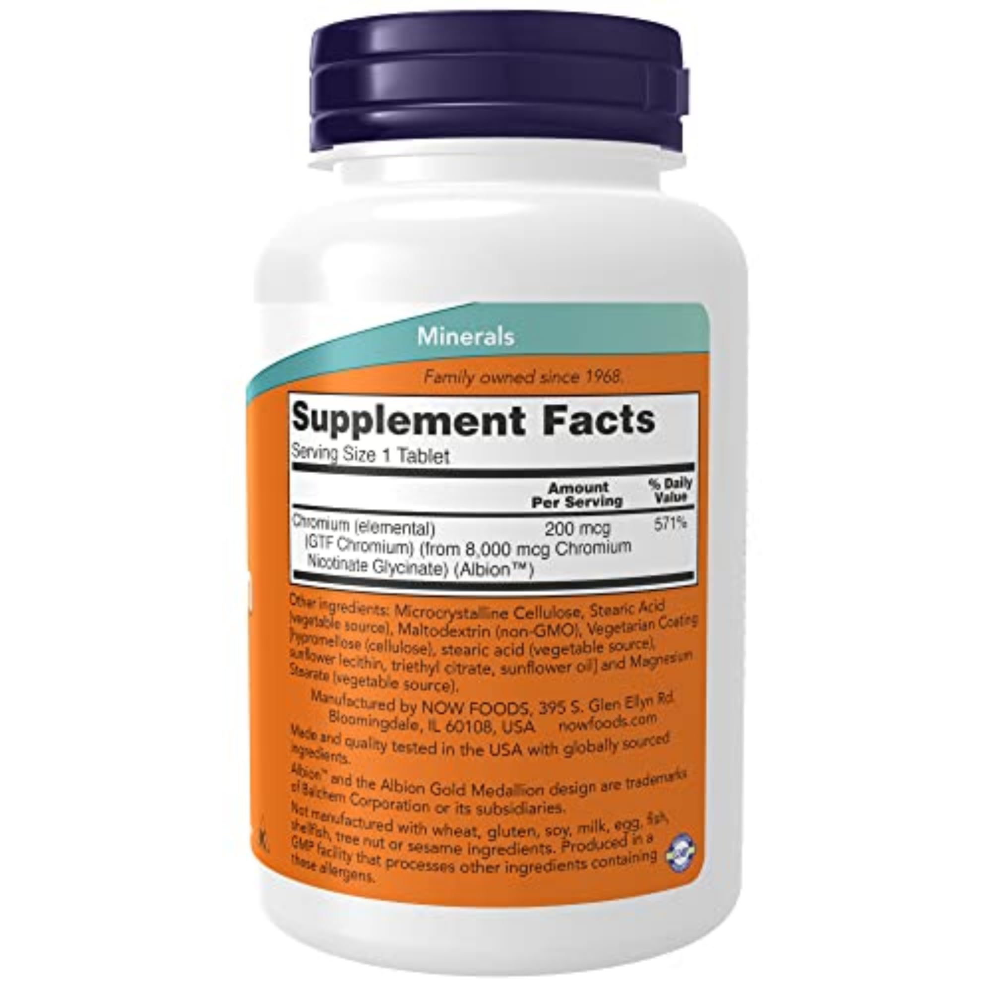 NOW Foods GTF Chromium emballage clair sur étagère, format pratique pour la routine.