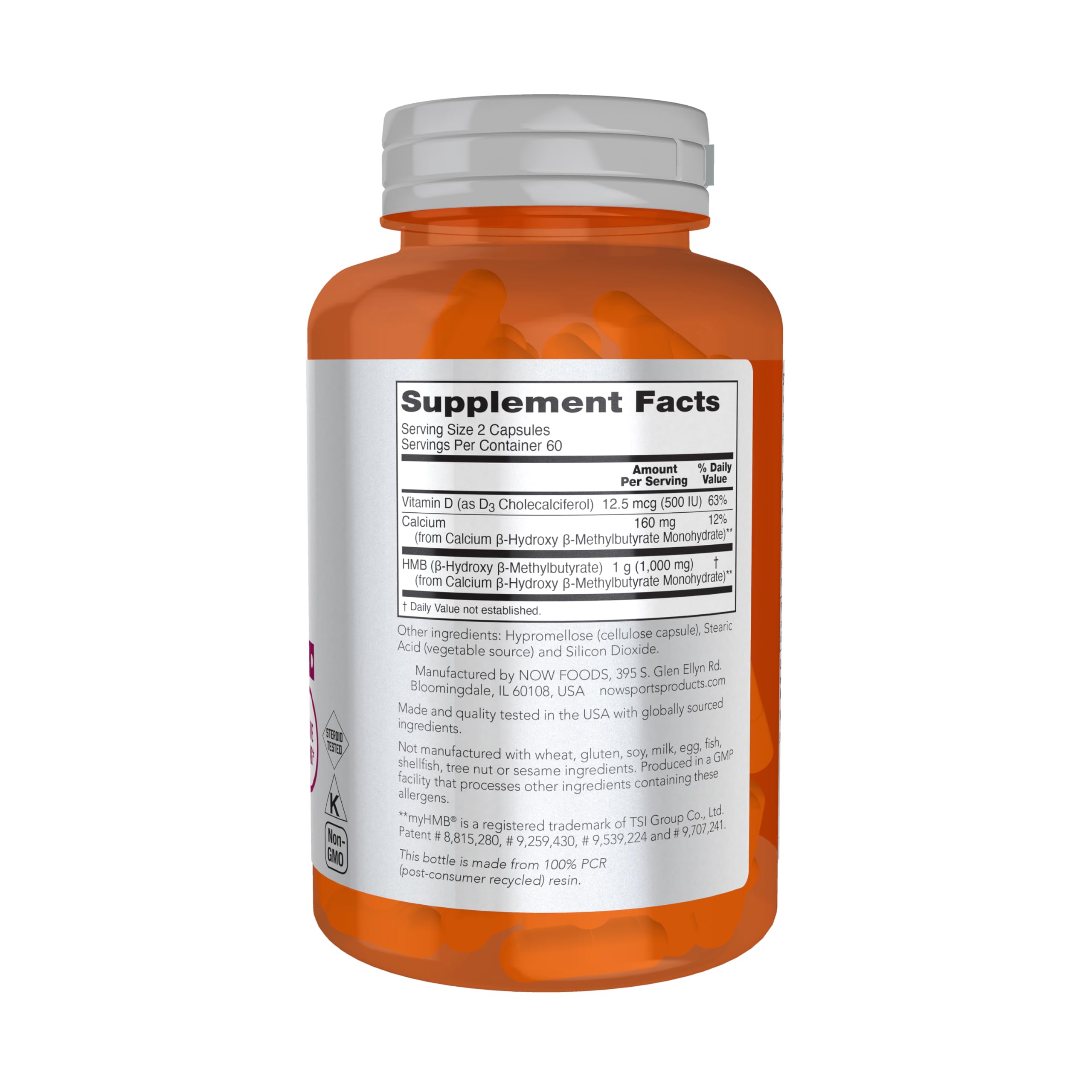 NOW Foods HMB, capsules en gros plan, vue rapprochée des capsules et texture.