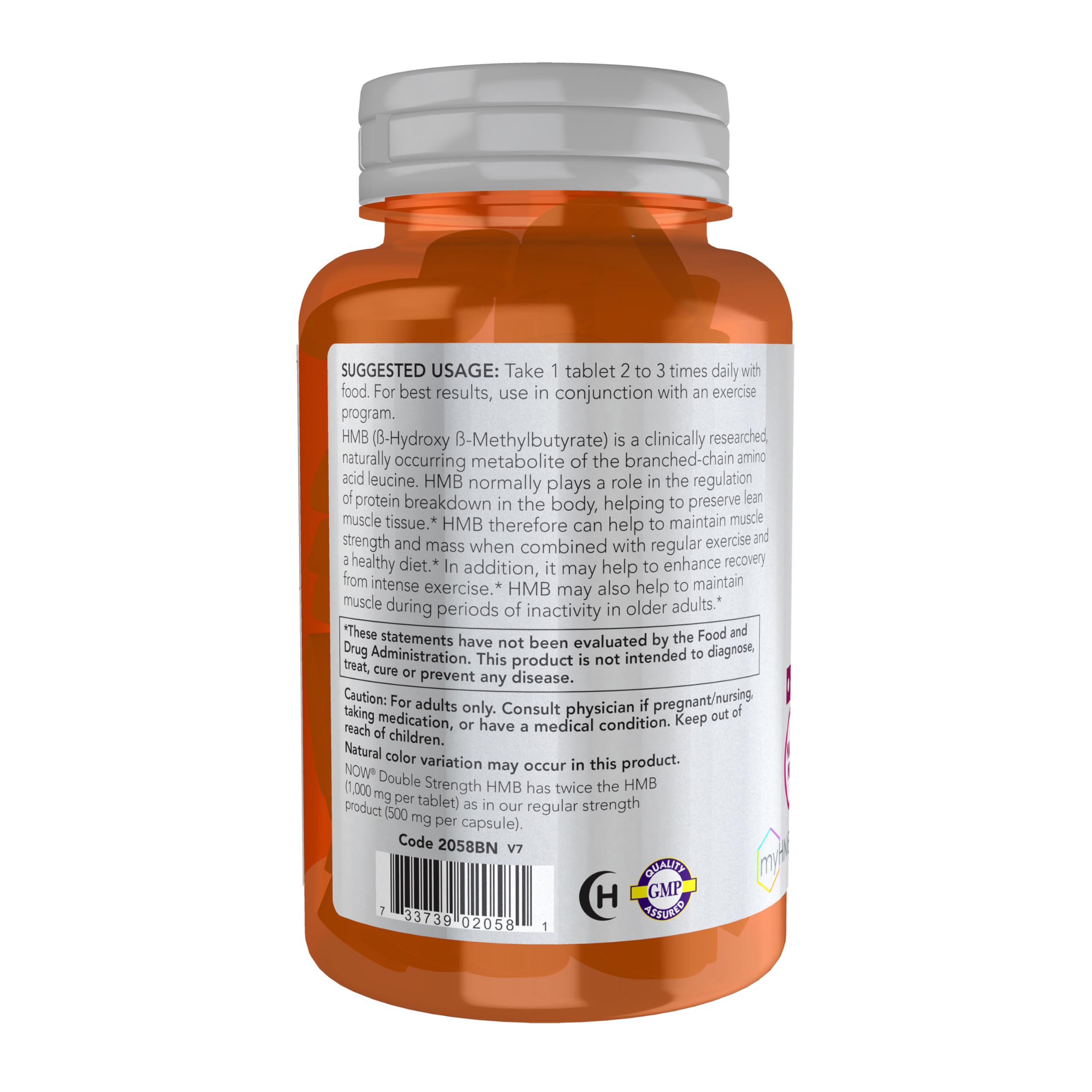 Étiquette NOW Foods HMB Double Strength montrant dosage et ingrédients.