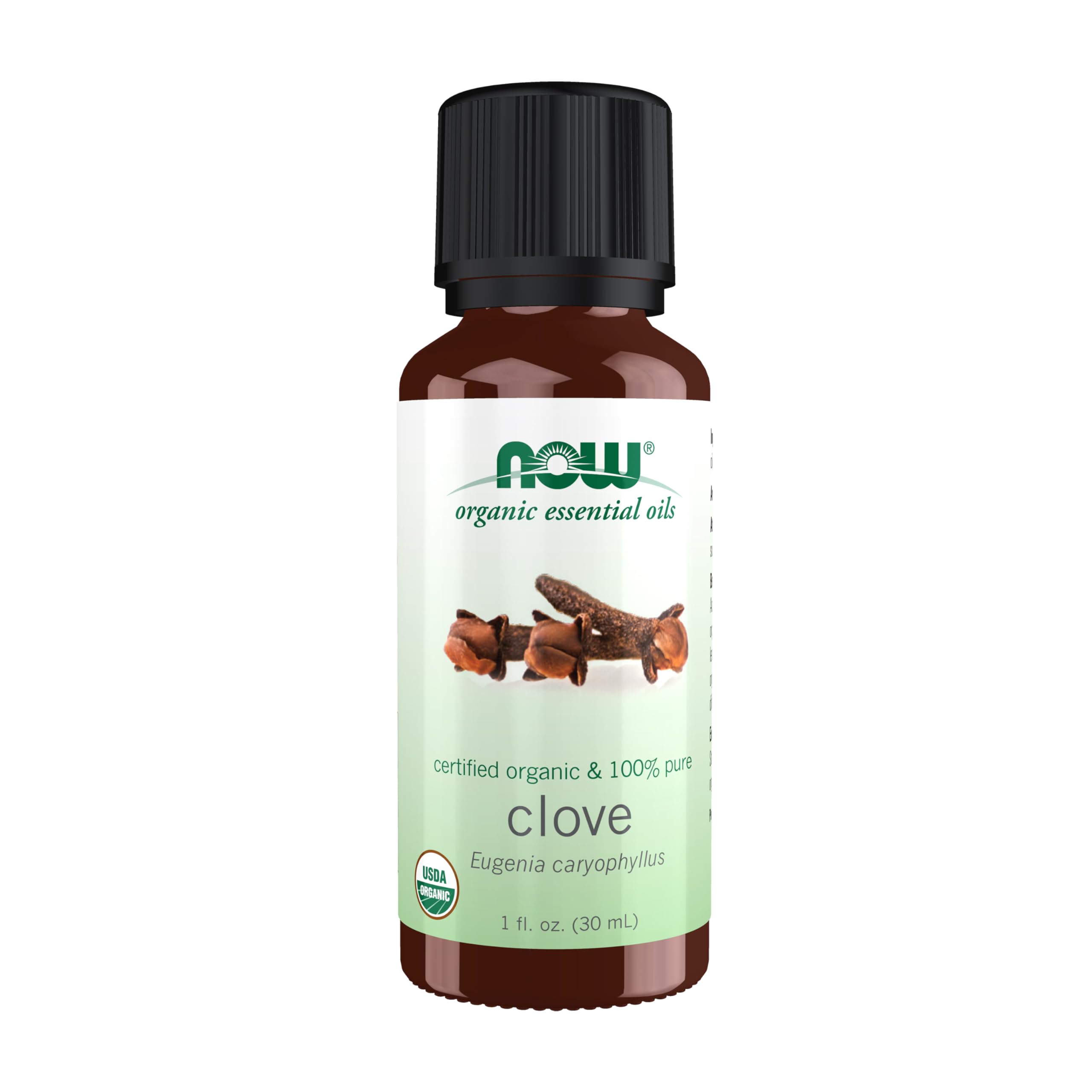 NOW Foods huile essentielle girofle bio – bouteille 1 oz, parfum chaleureux et réconfortant.