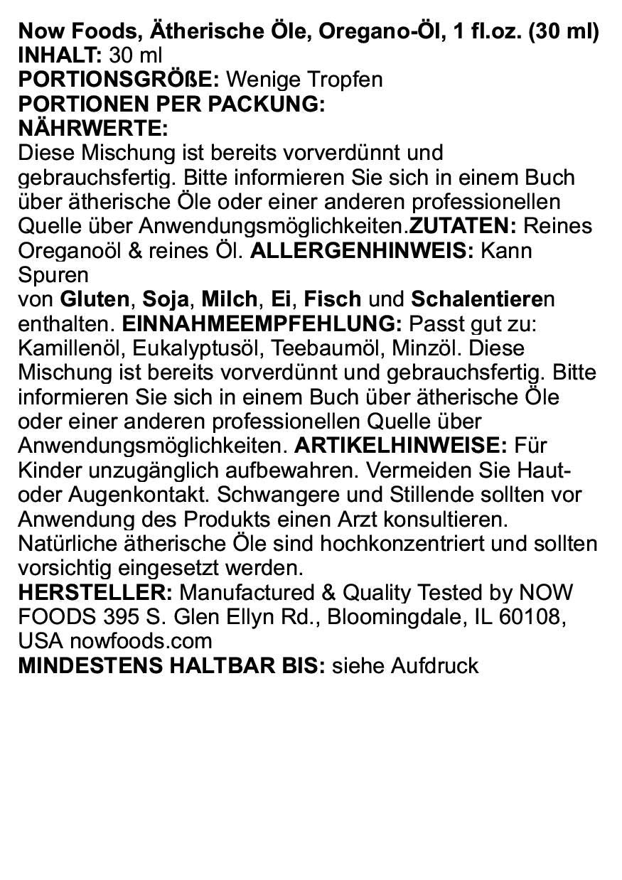 Flacon NOW Foods huile d'origan 25% usage en aromathérapie ou soins quotidiens