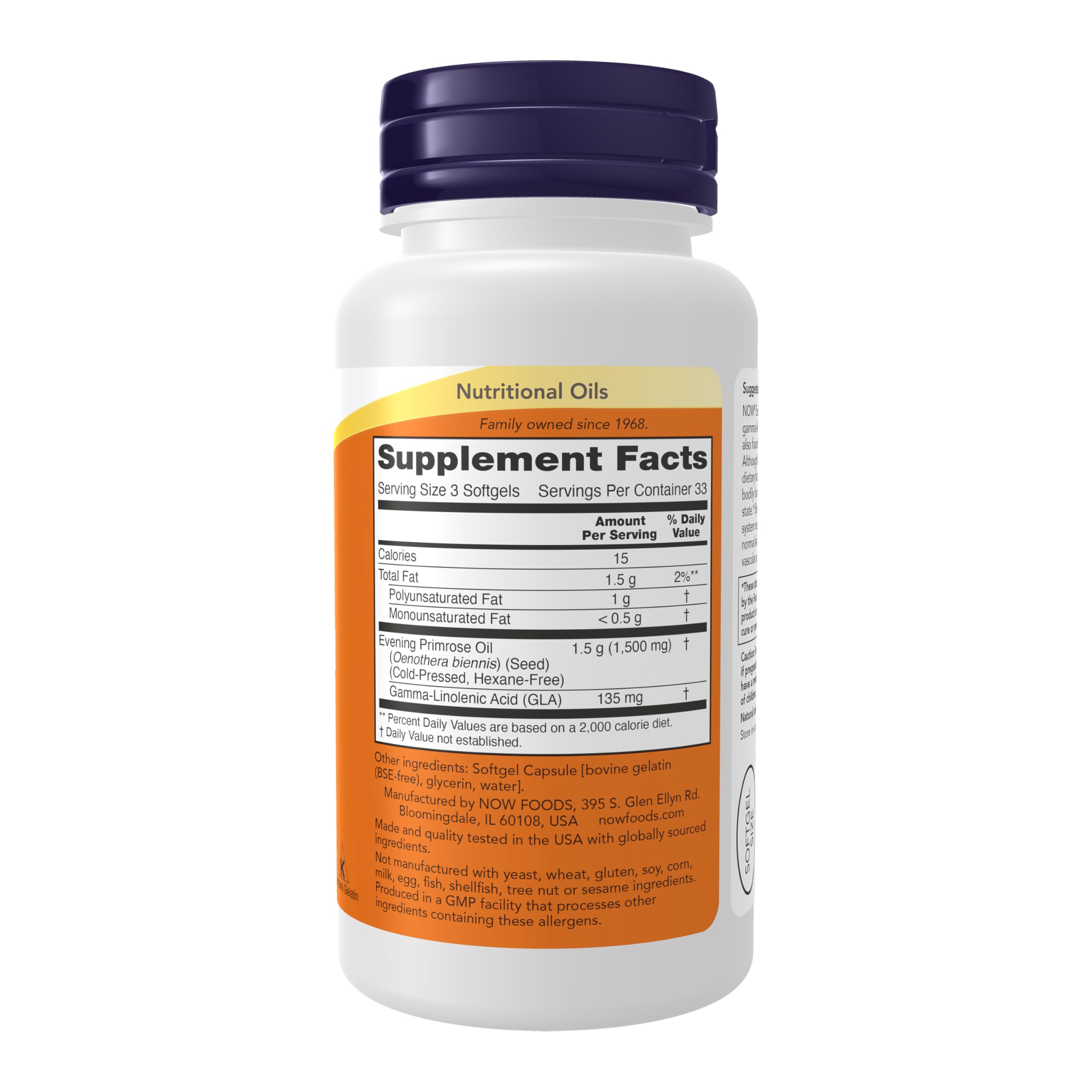 NOW Foods huile d'onagre 500 mg, flacon montrant la GLA naturelle