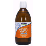 NOW Foods huile poisson oméga-3 liquide en bouteille, goût citron pour une consommation quotidienne pratique.