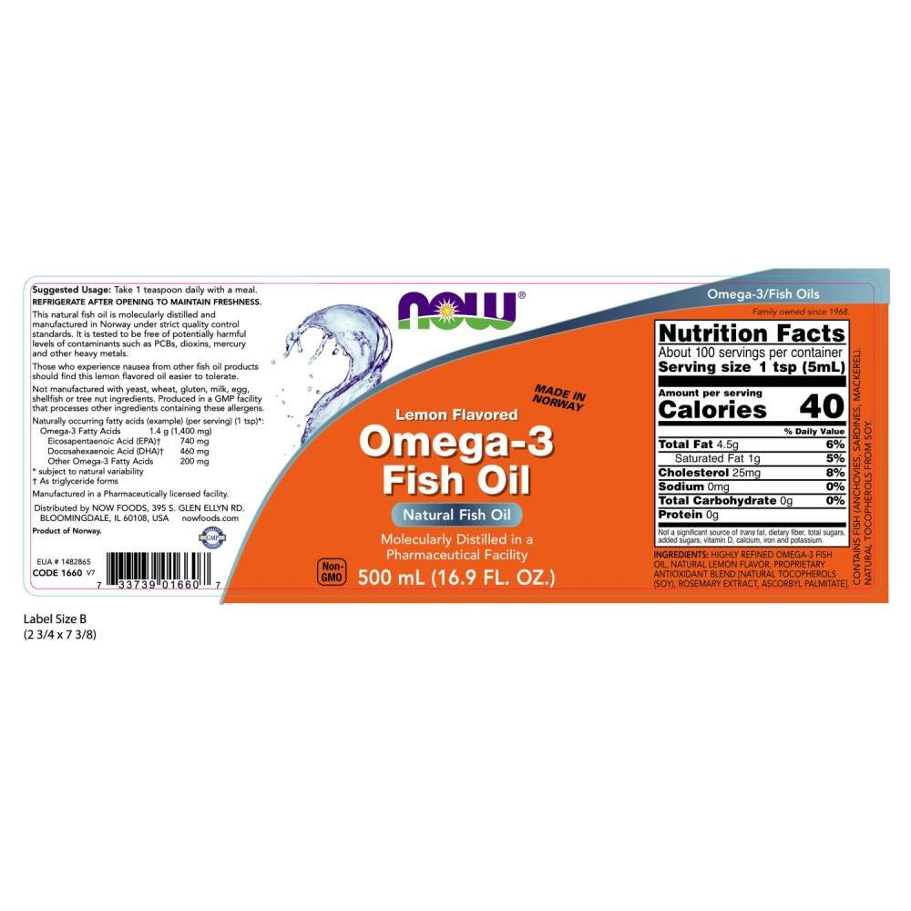 NOW Foods huile poisson oméga-3 liquide avec tranche citron, goût léger et tolérance facilitée.