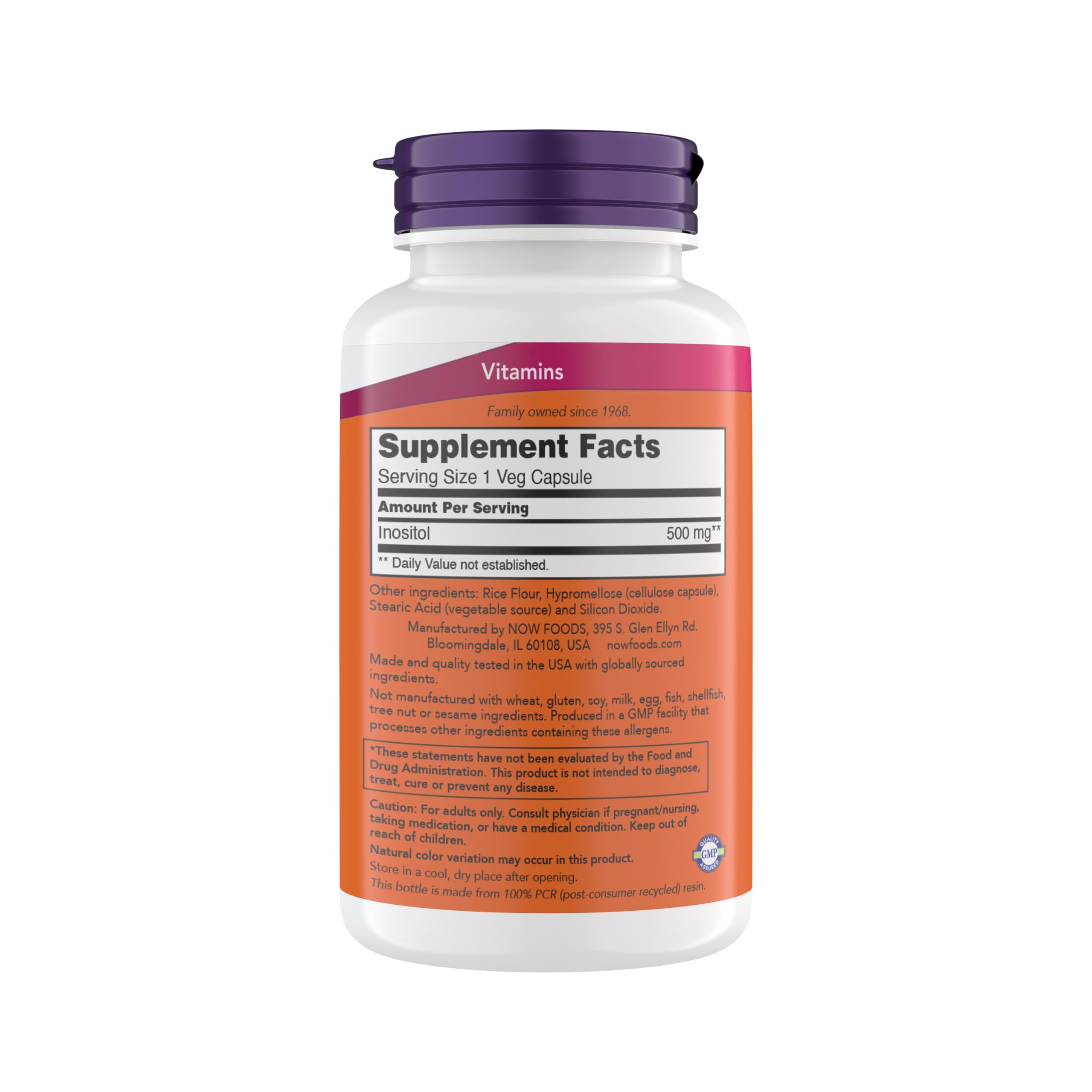 NOW Foods Inositol — bouteille de 200 capsules pratique pour une routine quotidienne.