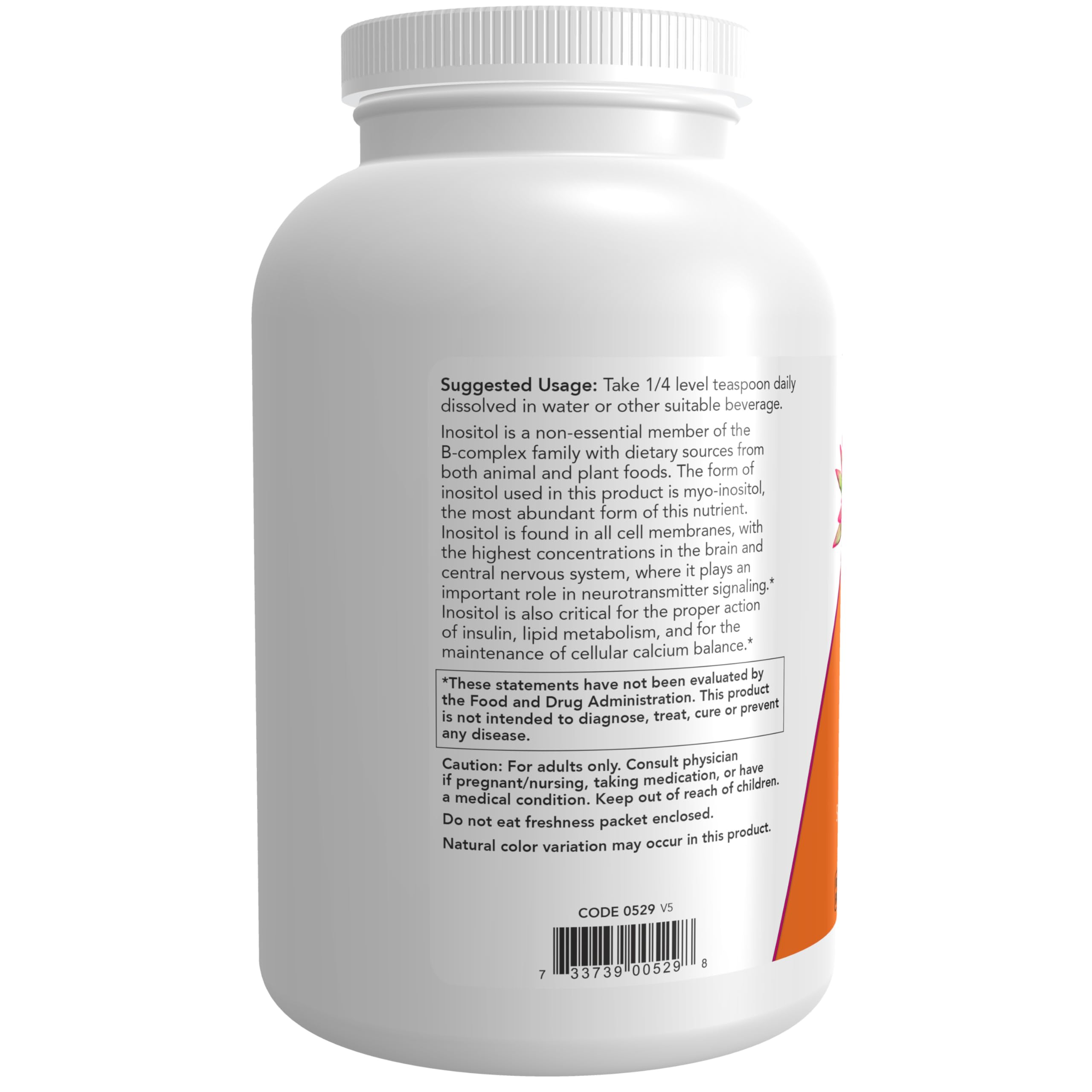 NOW Foods Inositol en poudre, étiquette lisible pour suivre les apports.