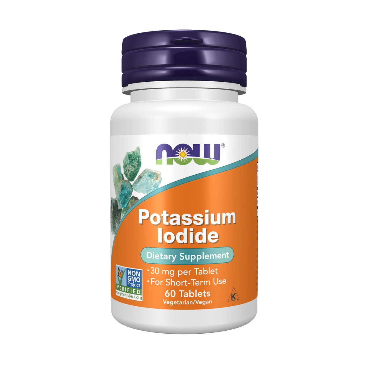 Bouteille NOW Foods iodure de potassium 30 mg contenant les comprimés et étiquette claire