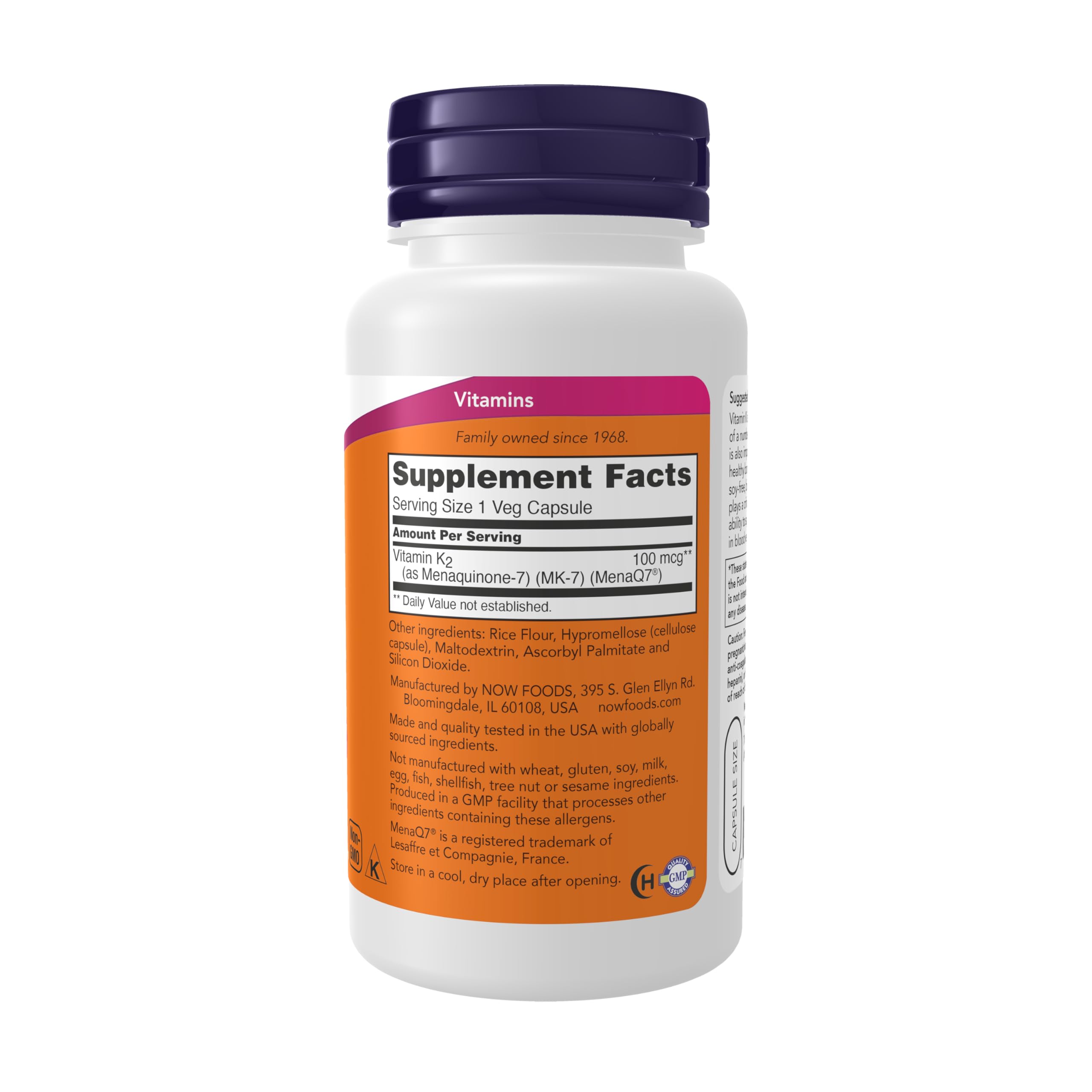 Capsules NOW Foods MK-7, formulation sans soja soutenant la santé des artères