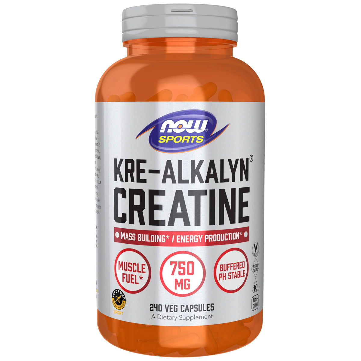 NOW Foods Kre-Alkalyn Creatine 750 mg – Bouteille prête pour l'entraînement et énergie durable.