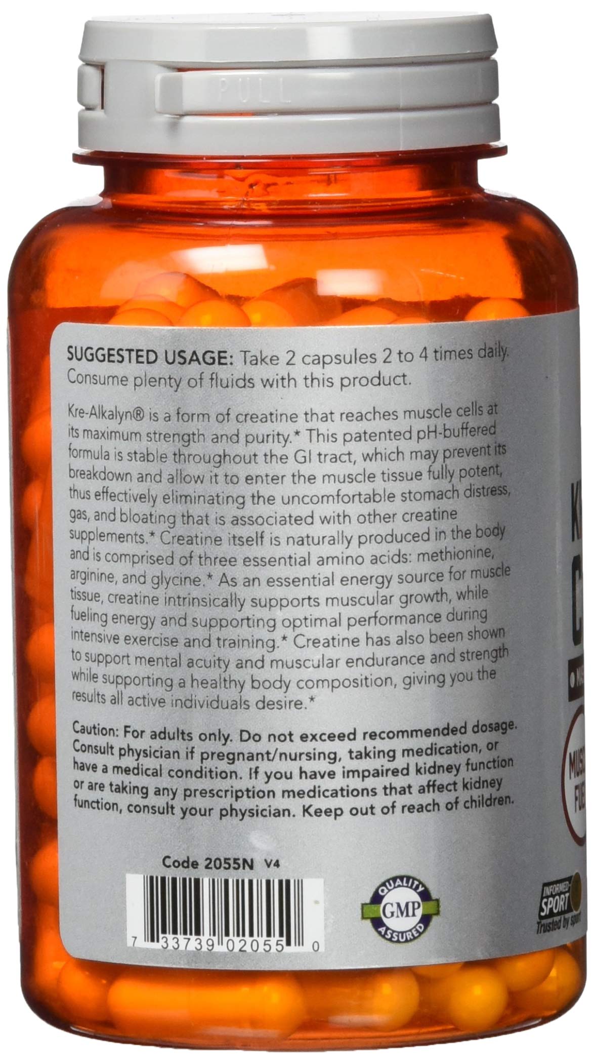 NOW Foods Kre-Alkalyn Créatine — étiquette claire, informations de dosage et bénéfices potentiels.
