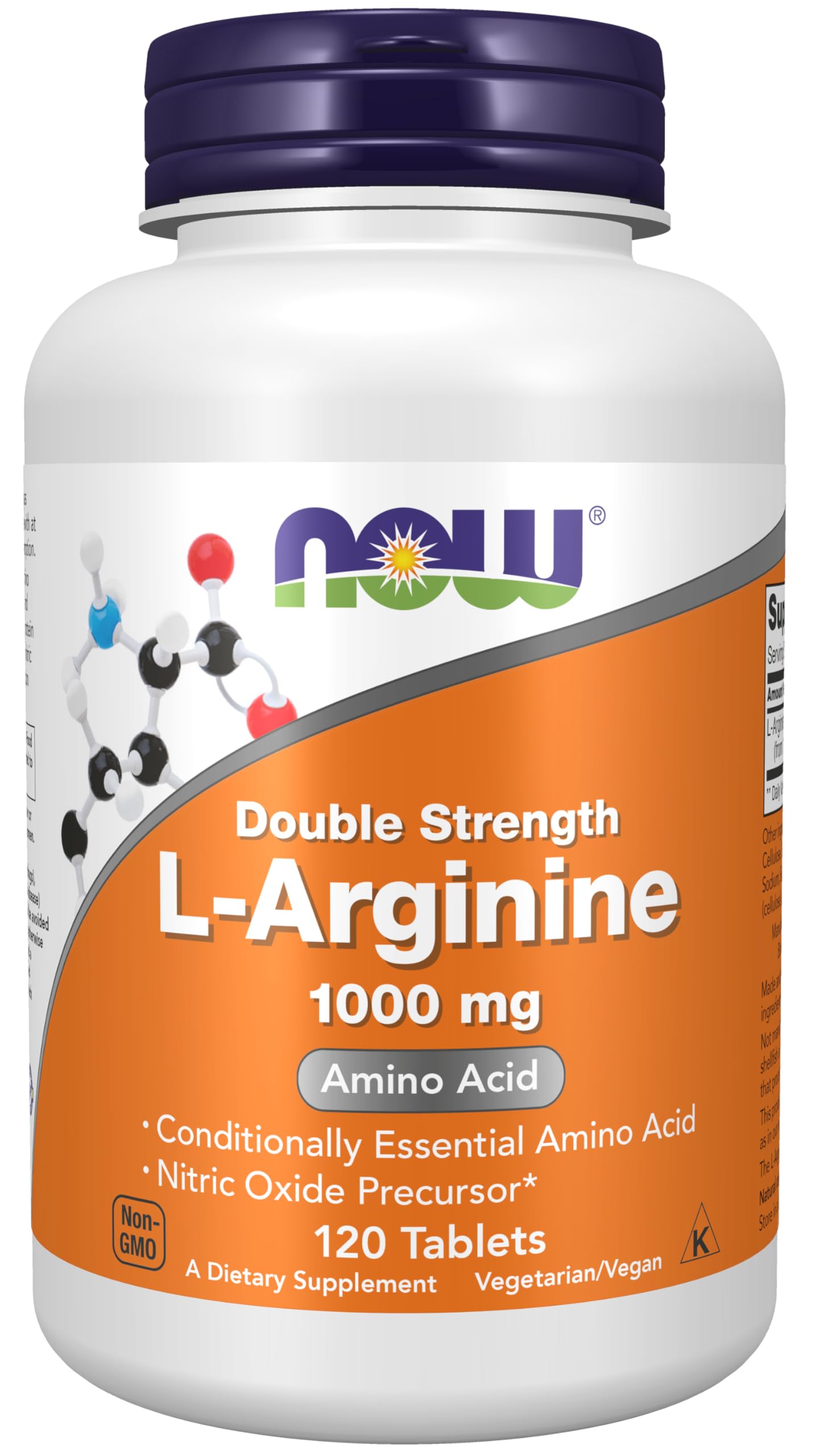 NOW Foods L-Arginine 1000 mg, label-certifications, qualité certifiée et non-GMO.
