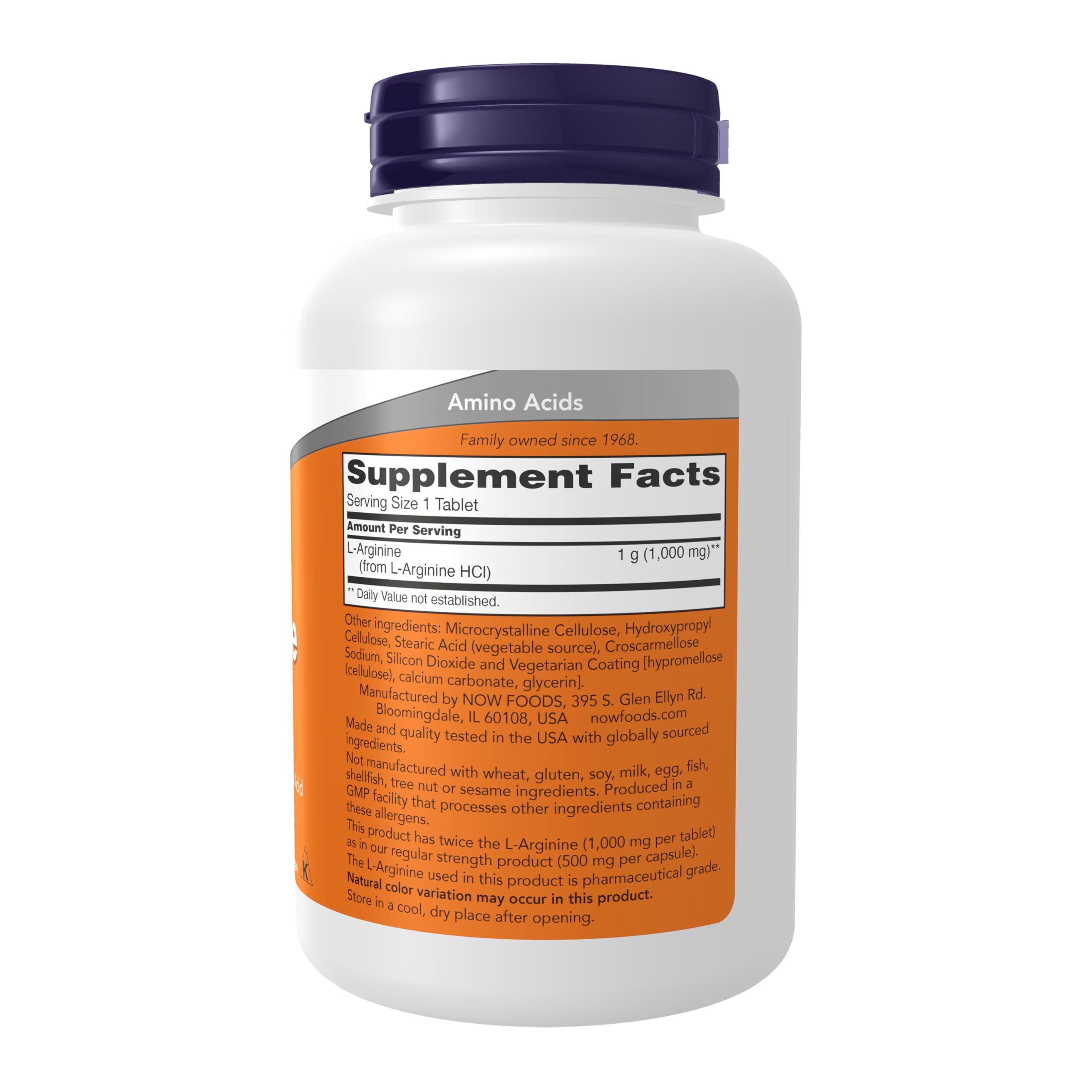NOW Foods L-Arginine 1000 mg bouteille pratique pour compléments quotidiens.