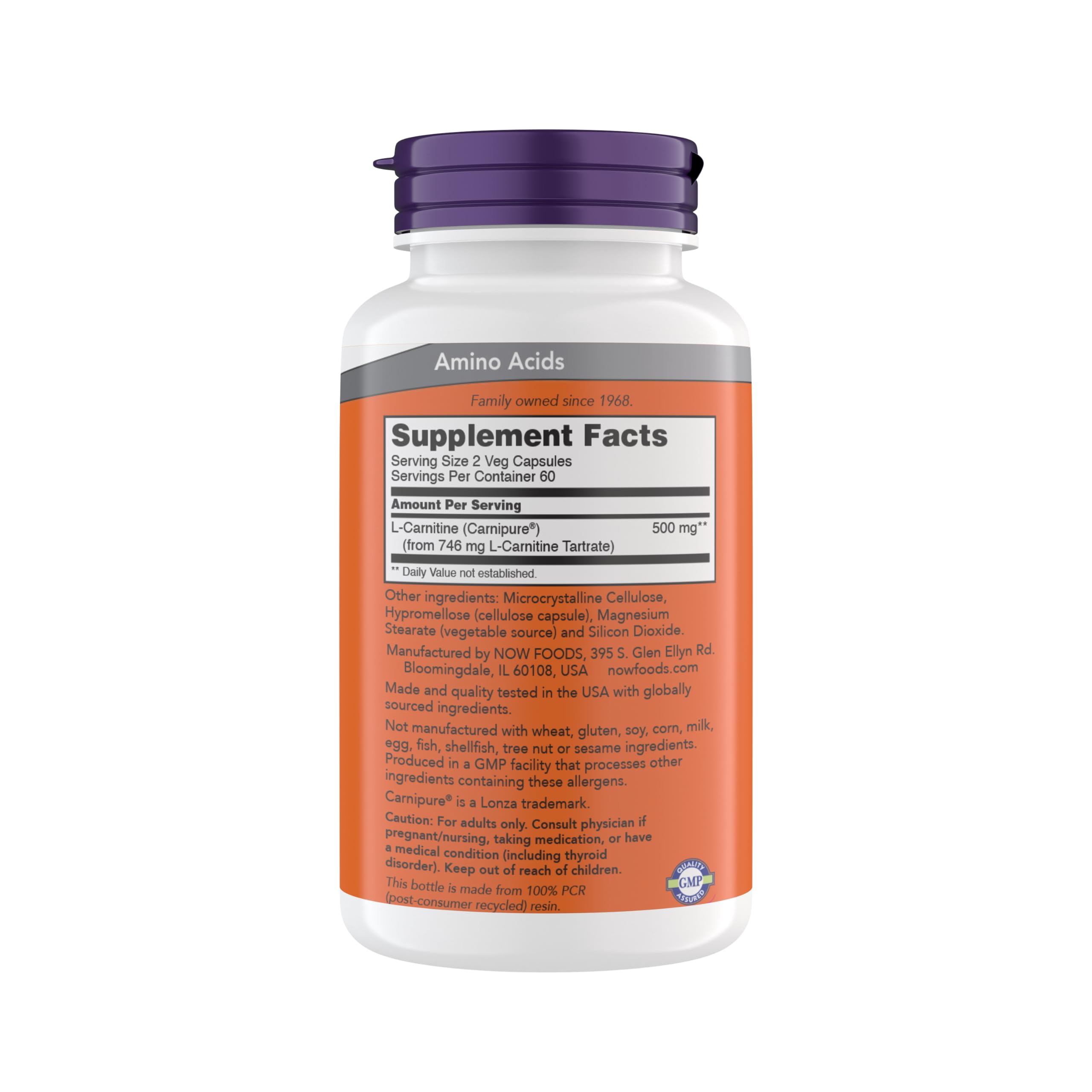 NOW Foods L-Carnitine 250 mg, bouteille de capsules, forme pure et qualité testée