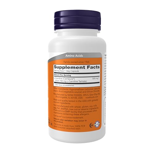 NOW Foods L-Carnitine 500mg, gélules veganes, format pratique pour la supplémentation