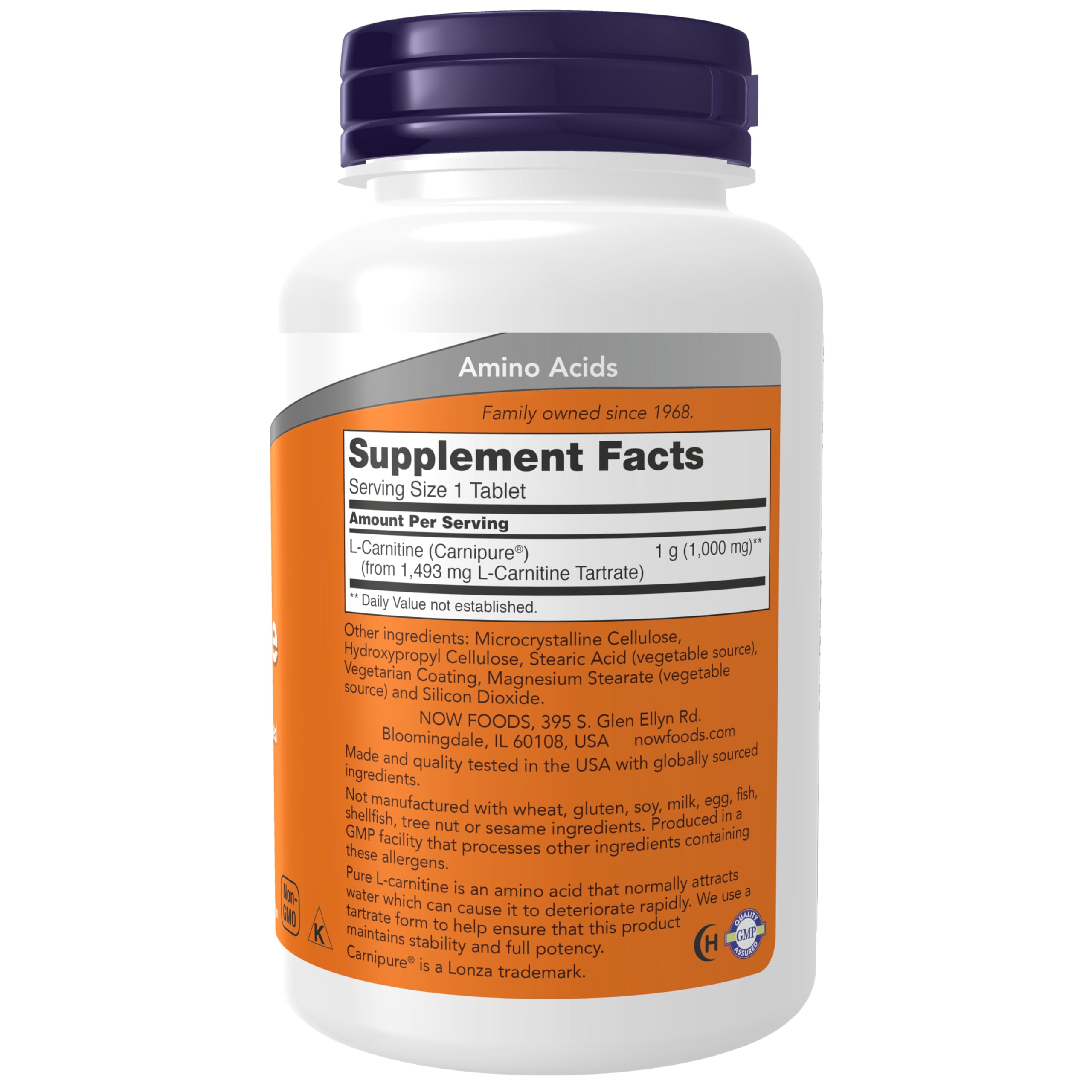 Étiquette NOW Foods L-Carnitine, pureté clinique et qualité certifiée pour l’énergie.